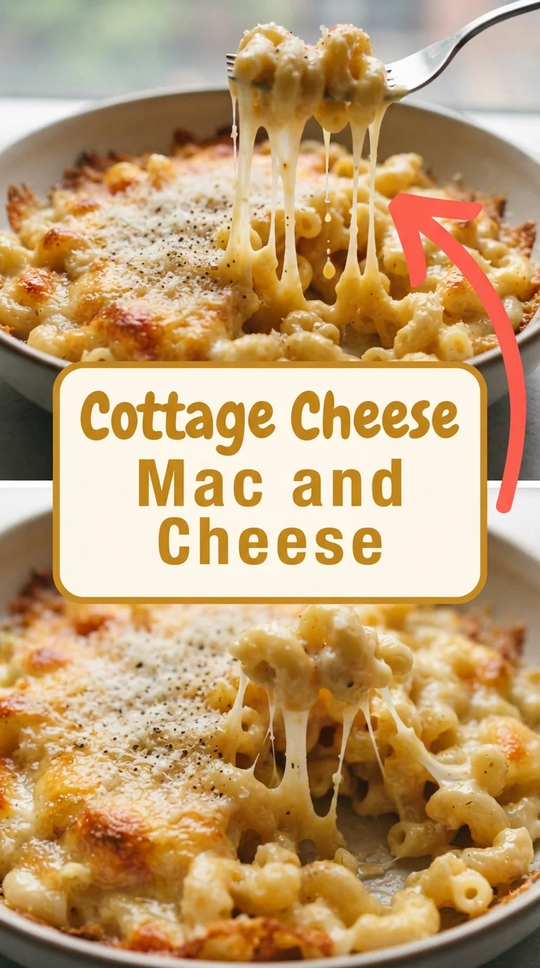Baked cottage cheese mac and cheese in a white bowl topped with melted cheddar, parsley, and a golden crust