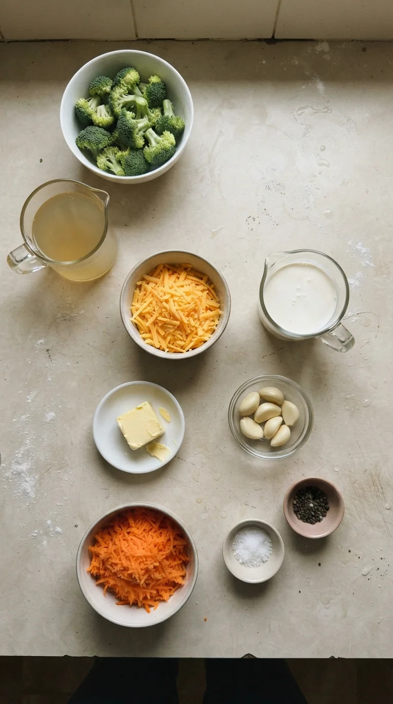 Ingredients for Creamy Cheesy Broccoli Soup