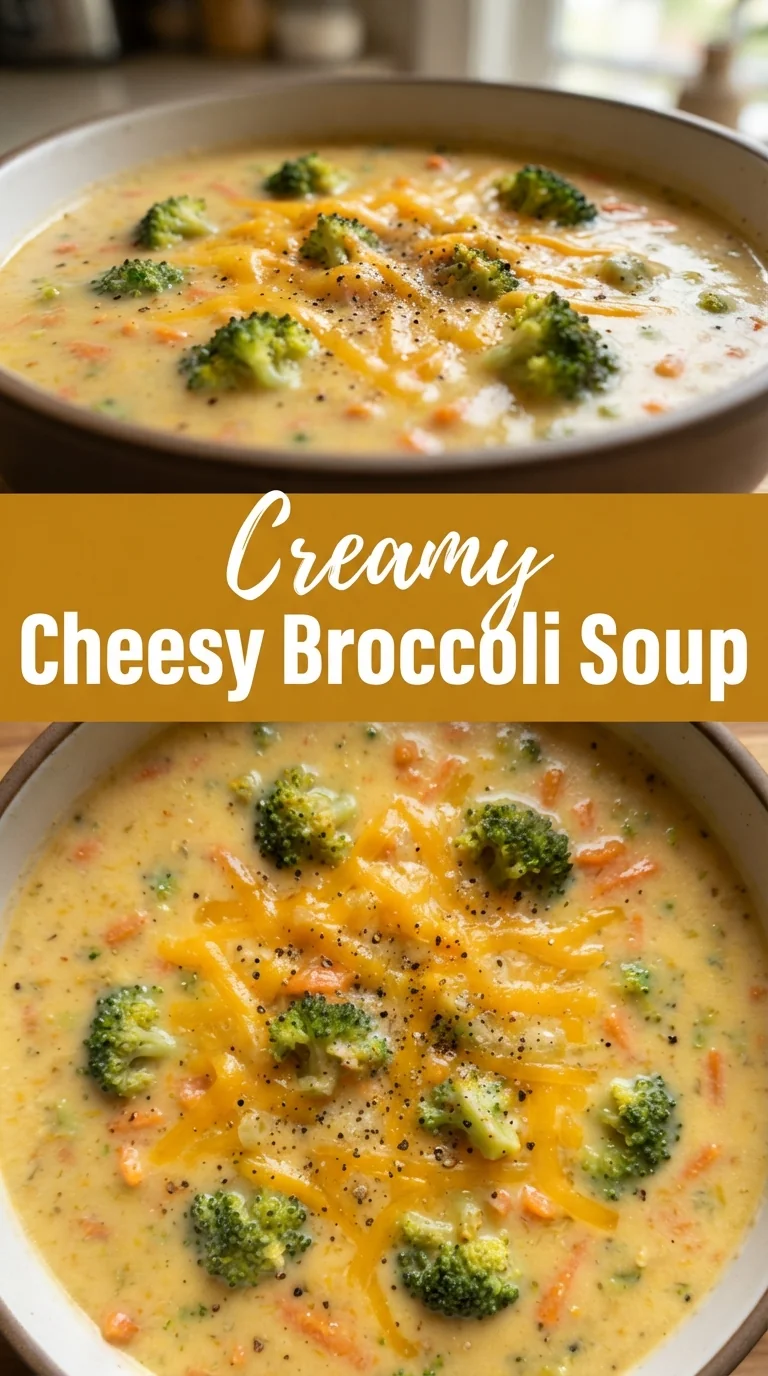 A bowl of creamy cheesy broccoli soup with green florets and melted cheddar topping.
