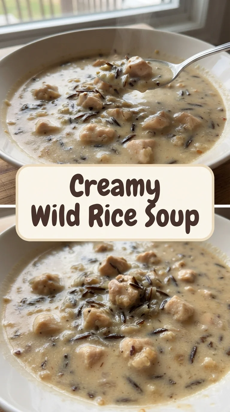 Bowl of creamy chicken wild rice soup garnished with herbs