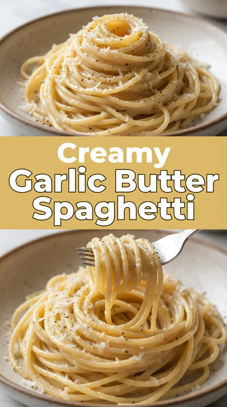 Creamy garlic butter spaghetti topped with parmesan and parsley.
