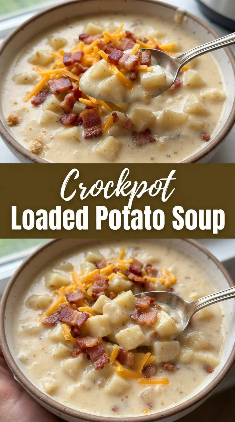A bowl of creamy loaded potato soup topped with melted cheddar and crisp bacon pieces.