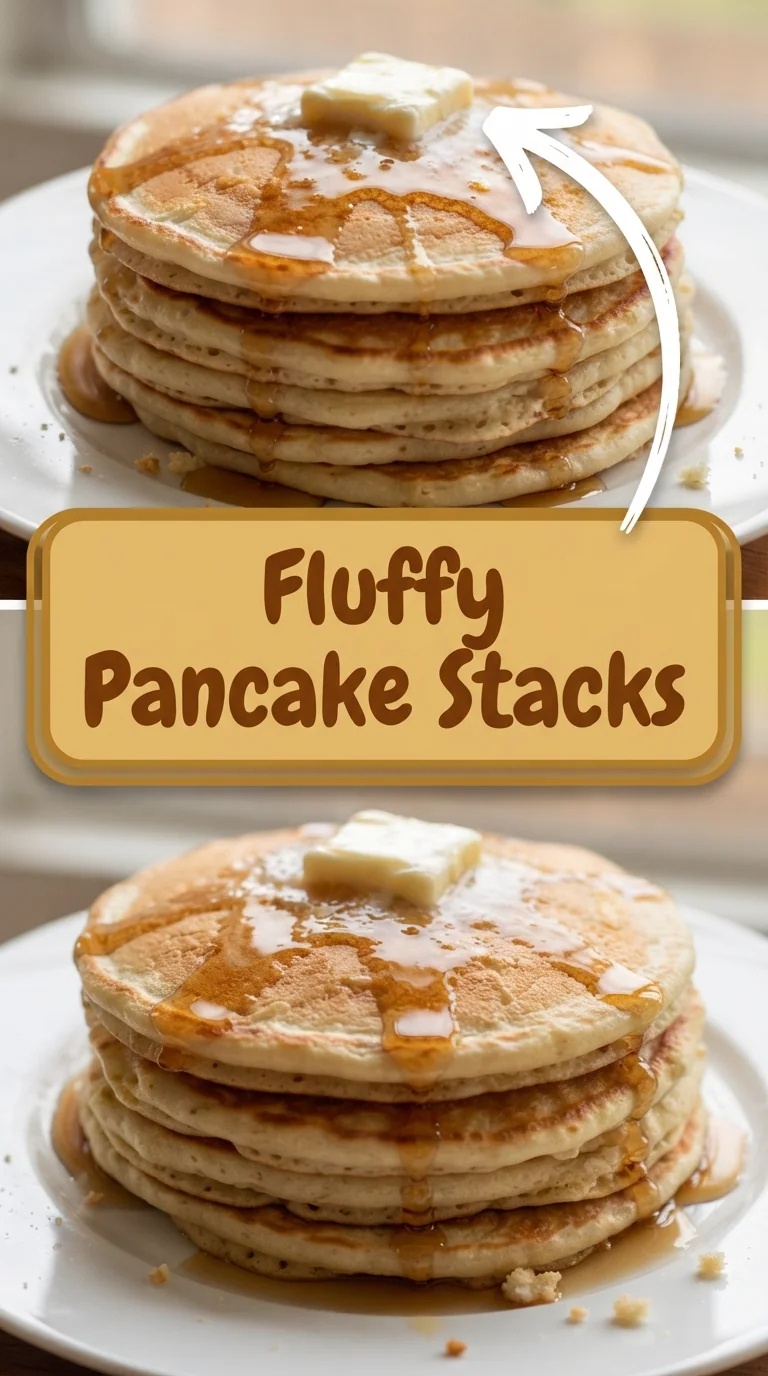 Stack of golden fluffy pancakes topped with butter and maple syrup.