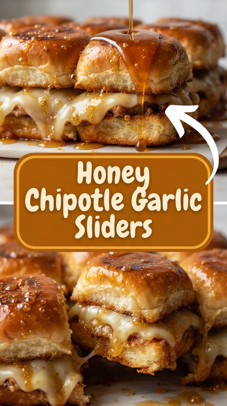 Four honey chipotle garlic sliders on soft buns, melted cheddar cheese, sliced pickles and salad leaves, with a glossy h