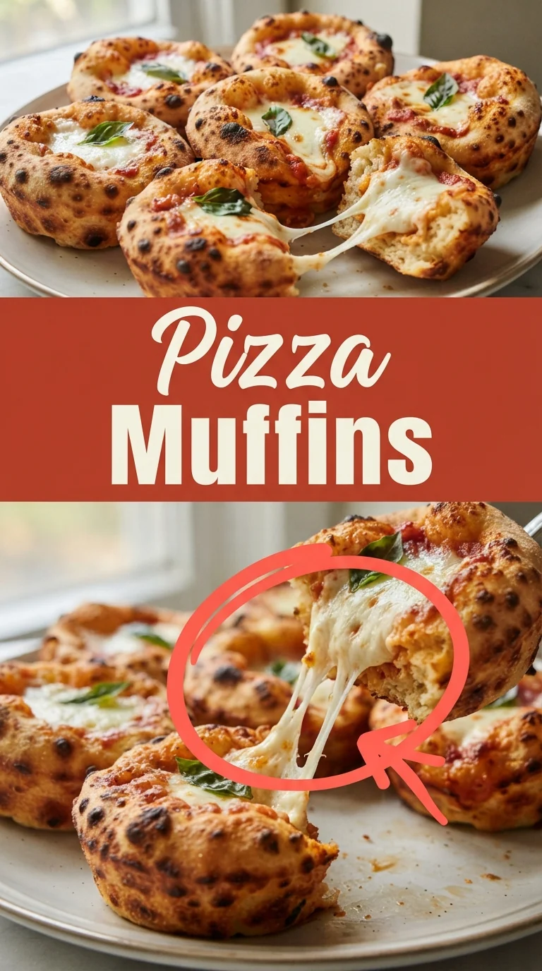 Golden mini muffins in a tin, topped with melted mozzarella, pepperoni slices and torn basil leaves.