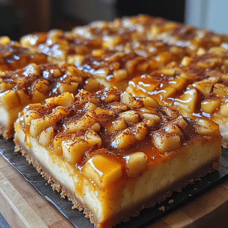 Caramel Apple Cheesecake Bars are the ultimate dessert that combines the creamy richness of cheesecake with the delightful crunch of fresh apples and the gooey sweetness of caramel. This dessert is not just a treat; it is a celebration of flavors and textures that will surely impress your family and friends. Imagine a buttery graham cracker crust supporting a luscious cream cheese filling, studded with tart apples and topped with a decadent layer of caramel. Whether it's for a holiday gathering, a potluck, or simply a sweet indulgence at home, these cheesecake bars are sure to be a hit.