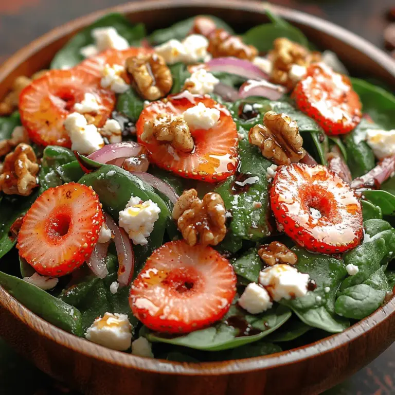 The Vibrant Strawberry Spinach Salad is a delightful blend of fresh ingredients that not only tantalizes the taste buds but also provides a burst of color and nutrition. This salad is a perfect addition to any meal, offering a refreshing balance of flavors from the sweet strawberries, creamy feta, and crunchy walnuts. With its visually appealing presentation and delicious taste, this salad can elevate any dining experience, whether it’s a light lunch, a side dish for dinner, or a healthy appetizer for gatherings.