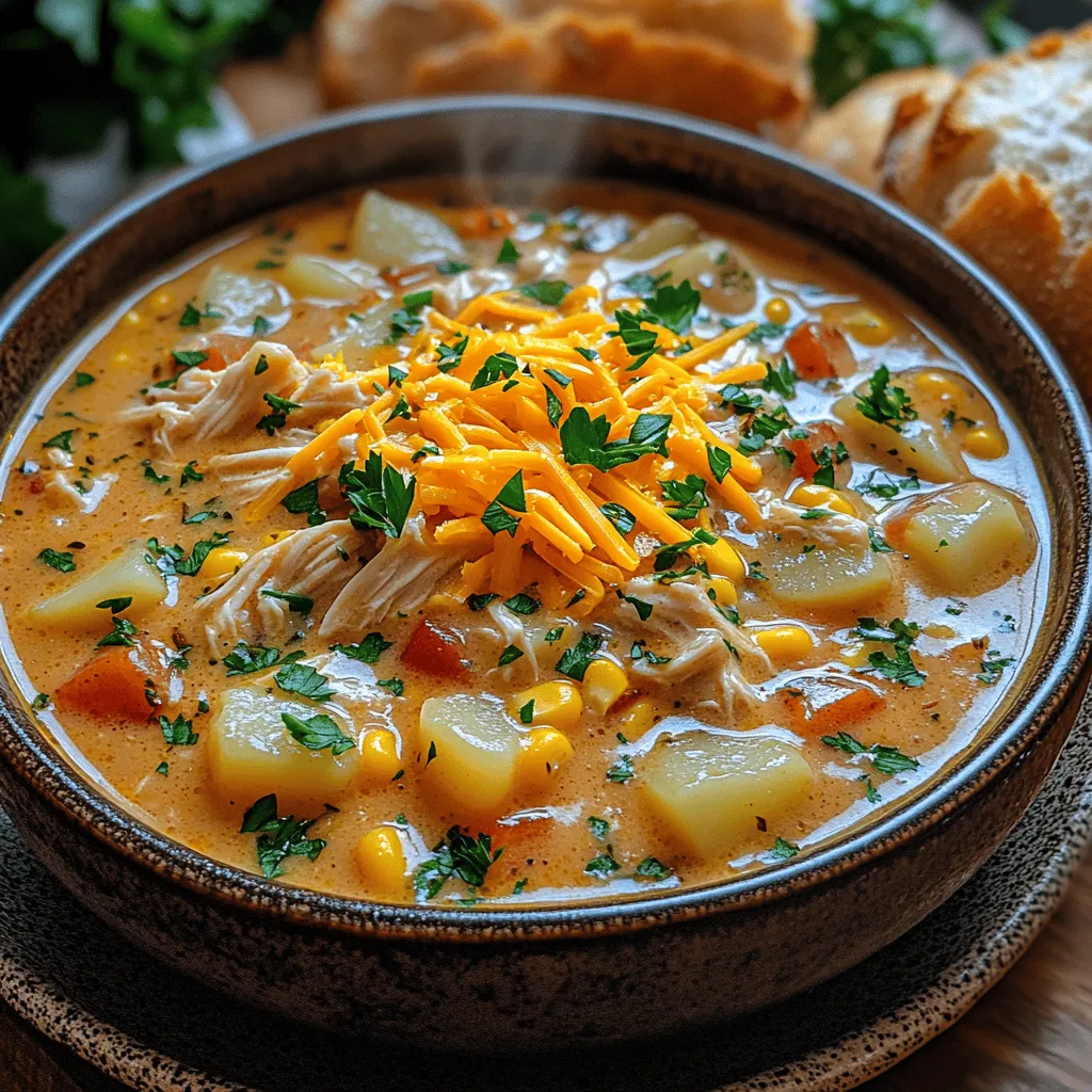 When the weather turns chilly and the days grow shorter, there’s nothing quite as comforting as a warm bowl of chowder. One such delightful dish that embodies the essence of cozy meals is <strong>Creamy Comfort Chicken Corn Chowder</strong>. This hearty recipe is not only a feast for the senses but also a convenient option for busy weeknights, thanks to its simple preparation in a crockpot. With its creamy texture and rich flavors, this chowder is sure to warm both your heart and your home.” /></p>
</p>
<h3>Spices and Their Contribution to the Taste Profile</h3>
</p>
<p>Spices play a crucial role in elevating the flavor of Creamy Comfort Chicken Corn Chowder. The right blend of spices enhances the overall taste, providing depth and complexity that transforms a simple chowder into a comforting bowl of goodness. Common spices used in this chowder recipe include garlic powder, onion powder, black pepper, and a hint of smoked paprika.</p>
</p>
<p>Garlic powder adds a savory richness, while onion powder brings a subtle sweetness that balances the dish. Black pepper introduces a mild heat, stimulating the palate without overpowering the other flavors. Smoked paprika contributes a warm, smoky undertone that complements the sweetness of the corn and the creaminess of the chowder. This careful selection of spices is what makes each spoonful of chowder a delight, creating a harmonious fusion of flavors that warms the heart.</p>
</p>
<h3>Cooking Method</h3>
</p>
<p>The cooking method for this chowder is straightforward, making it accessible for cooks of all levels. Begin by sautéing your aromatics—onions, garlic, and any additional vegetables—in a large pot until they become tender and fragrant. This initial step is essential, as it lays the flavor foundation for your chowder.</p>
</p>
<p>Once the aromatics are ready, add the chicken, broth, and seasonings, then allow the mixture to simmer. This slow cooking allows the flavors to meld beautifully.</p>
</p>
<h4>Low vs. High Cooking Settings</h4>
</p>
<p>When preparing chowder, understanding the difference between low and high cooking settings is important. Cooking on low allows the ingredients to develop their flavors gradually, resulting in a richer broth. This method is particularly beneficial for tenderizing the chicken, ensuring it remains juicy and succulent.</p>
</p>
<p>On the other hand, cooking on high will speed up the process, but it may lead to tougher chicken if not monitored closely. High heat can also cause the cream to curdle if added too soon. Therefore, it is best to take your time with this recipe, opting for the low setting to maximize flavor and texture.</p>
</p>
<h3>Importance of Cooking Times for Optimal Chicken Tenderness</h3>
</p>
<p>Cooking time is paramount when it comes to achieving the perfect chicken tenderness. Generally, chicken breasts should be simmered for about 20-25 minutes until they are cooked through. If the chicken is overcooked, it can become dry and stringy, detracting from the chowder’s desired creamy texture.</p>
</p>
<p>Using a meat thermometer can help ensure the chicken reaches an internal temperature of 165°F, providing peace of mind that it is both safe and perfectly cooked. After achieving that temperature, allow the chicken to rest for a few minutes before shredding, as this ensures it retains its juices.</p>
</p>
<h3>Shredding the Chicken</h3>
</p>
<p>Shredding the chicken is an important step that enhances the texture of your chowder. Once your chicken has rested after simmering, it’s time to use a couple of efficient techniques to shred it.</p>
</p>
<h4>Techniques for Shredding Chicken Efficiently</h4>
</p>
<p>1. <strong>Two Fork Method</strong>: This classic technique involves using two forks to pull apart the chicken. Hold one fork steady while using the other to shred the meat, creating bite-sized pieces that will blend seamlessly into your chowder.</p>
</p>
<p>2. <strong>Hand Shredding</strong>: If you prefer a more hands-on approach, you can use your hands to shred the chicken. Just be sure to let it cool slightly before handling.</p>
</p>
<p>3. <strong>Stand Mixer</strong>: For a quick and efficient method, place the cooked chicken in a stand mixer fitted with a paddle attachment. Mix on low speed for a few seconds until the chicken is shredded to your desired consistency.</p>
</p>
<p>Shredding the chicken not only makes it easier to incorporate into the chowder but also allows the flavors to meld beautifully. The smaller pieces soak up the chowder’s broth, creating a harmonious mix of flavors in each bite.</p>
</p>
<h3>Incorporating Cream</h3>
</p>
<p>Adding cream to your chowder is where the magic happens, transforming it into a luscious, comforting dish. The choice of cream can significantly impact the final outcome of your chowder.</p>
</p>
<h4>Differences Between Heavy Cream and Coconut Cream</h4>
</p>
<p>– <strong>Heavy Cream</strong>: This traditional option brings a rich, velvety texture to your chowder. It thickens the soup beautifully while enhancing its creaminess. It’s perfect for those who enjoy a classic chowder experience.</p>
</p>
<p>– <strong>Coconut Cream</strong>: For a dairy-free alternative, coconut cream is an excellent choice. It adds a subtle sweetness and a hint of tropical flavor, making it a unique twist on the traditional recipe. Coconut cream thickens the chowder similarly to heavy cream, providing a rich texture without dairy.</p>
</p>
<p>Incorporating cream into your chowder should be done towards the end of the cooking process. Allow it to simmer gently to avoid curdling. The result is a chowder that is not only creamy but also deeply satisfying.</p>
</p>
<h3>Serving Suggestions</h3>
</p>
<p>The finishing touches to your Creamy Comfort Chicken Corn Chowder can elevate the entire dining experience. Here are some ideal garnishes and pairing recommendations:</p>
</p>
<p>– <strong>Garnishes</strong>: A sprinkle of shredded cheese on top adds a savory element, while fresh parsley introduces a pop of color and freshness. Consider using sharp cheddar or Monterey Jack for an extra flavor kick.</p>
</p>
<p>– <strong>Pairing Recommendations</strong>: To make your meal complete, serve the chowder alongside crusty bread or crunchy crackers. The bread is perfect for dipping, soaking up the creamy goodness, while crackers add a delightful crunch that complements the smooth texture of the chowder.</p>
</p>
<h3>Tips for Customizing Your Chowder</h3>
</p>
<p>One of the great aspects of this chowder recipe is its versatility. Here are some tips for customizing your chowder to suit your taste and dietary preferences:</p>
</p>
<p>– <strong>Dietary Modifications</strong>: For a dairy-free version, simply substitute heavy cream with coconut cream or a plant-based milk alternative, such as almond or oat milk. Ensure you also check that your broth is free of gluten if you are aiming for a gluten-free chowder.</p>
</p>
<p>– <strong>Suggested Additions</strong>: Feel free to incorporate alternative vegetables such as diced potatoes, carrots, or bell peppers. These can add texture and flavor, making your chowder even more hearty and satisfying.</p>
</p>
<p>– <strong>Protein Variations</strong>: Consider swapping chicken for other proteins like shrimp, crab, or even plant-based alternatives for a different flavor profile. Each option will bring its unique taste to the chowder.</p>
</p>
<p>– <strong>Spice Adjustments</strong>: For those who prefer a kick, add a pinch of cayenne pepper or red pepper flakes to enhance the heat. Conversely, if you’re cooking for a family with varying spice tolerances, serve additional spices on the side for individual preferences.</p>
</p>
<h3>Storage and Reheating Instructions</h3>
</p>
<p>Proper storage and reheating techniques are vital for maintaining the texture and flavor of your chowder.</p>
</p>
<p>– <strong>Best Practices for Storing Leftovers</strong>: After enjoying your chowder, store leftovers in an airtight container in the refrigerator. It should last for up to three days. Avoid storing the chowder with toppings to keep them fresh.</p>
</p>
<p>– <strong>Reheating Chowder</strong>: When reheating, do so gently on the stovetop over low heat, stirring frequently. This helps prevent the cream from separating and ensures the chowder warms evenly. If the chowder becomes too thick during storage, add a splash of broth or water to achieve your desired consistency.</p>
</p>
<p>– <strong>Freezing Considerations</strong>: While chowder can be frozen, it’s best to do so before adding the cream to maintain its texture. Allow the chowder to cool completely before transferring it to a freezer-safe container. It can be stored for up to three months. When ready to enjoy, thaw it overnight in the refrigerator and reheat on the stovetop, adding cream once warmed through.</p>
</p>
<h3>Conclusion</h3>
</p>
<p>In summary, Creamy Comfort Chicken Corn Chowder is more than just a meal; it’s a warm bowl of nostalgia that brings comfort on chilly days or cozy nights in. Rich in flavor and texture, this chowder is a fantastic family favorite, perfect for gatherings or simple weeknight dinners.</p>
</p>
<p>The ease of preparation, combined with the ability to customize, ensures that everyone can enjoy this hearty dish. Whether you stick to the classic recipe or experiment with different ingredients, the satisfaction that comes from a homemade chowder is unparalleled. Embrace the warmth it brings to your table, and share it with loved ones for a comforting culinary experience that is sure to please.</p>
</div>