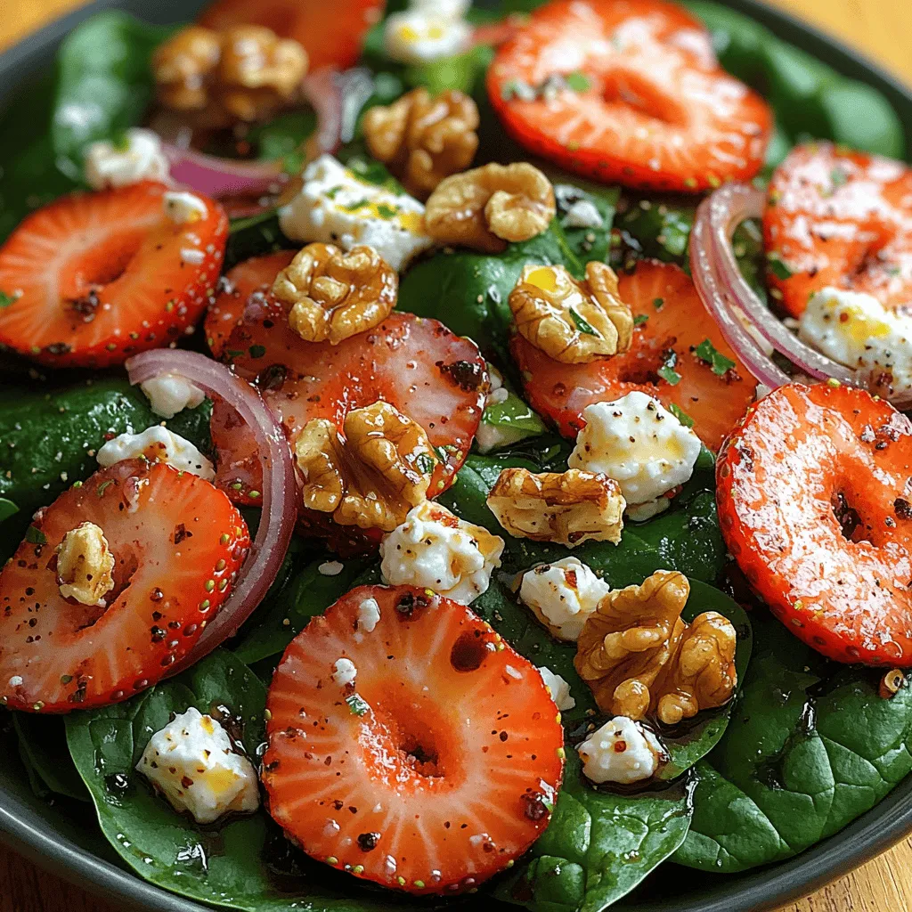 As the warmer months approach, nothing quite compares to the refreshing taste of a vibrant salad that embodies the essence of spring and summer. The <strong>Fresh Strawberry Feta Spinach Salad</strong> is a delightful dish that not only pleases the palate but also serves as a feast for the eyes. This salad combines the sweet juiciness of fresh strawberries, the creamy tang of feta cheese, and the earthy richness of baby spinach, creating a harmonious balance of flavors that will tantalize your taste buds.” /></p>
</p>
<h3>Benefits of Homemade vs. Store-Bought Options</h3>
</p>
<p>When it comes to salads, making your own dressing and assembling your ingredients from scratch can significantly elevate the final dish. Homemade options allow for greater control over flavors, ingredients, and nutritional content. For instance, store-bought salad dressings often contain preservatives, added sugars, and unhealthy oils that can detract from the overall health benefits of your salad. By preparing a homemade balsamic vinaigrette, you ensure that only fresh and wholesome ingredients are used, enhancing both flavor and nutrition.</p>
</p>
<p>Additionally, creating your salad at home can be a fun and creative process. It allows you to experiment with different flavors and textures, ensuring that the final dish meets your personal preferences. The joy of crafting a salad that not only tastes good but also looks beautiful on the plate is unmatched.</p>
</p>
<h3>Quick Recipe for a Simple Homemade Balsamic Vinaigrette</h3>
</p>
<p>This simple balsamic vinaigrette is a perfect accompaniment to your Fresh Strawberry Feta Spinach Salad. Here’s how to prepare it:</p>
</p>
<p><strong>Ingredients:</strong></p>
<p>– 1/2 cup balsamic vinegar</p>
<p>– 1 cup extra virgin olive oil</p>
<p>– 1 teaspoon Dijon mustard</p>
<p>– 1 teaspoon honey or maple syrup (optional for sweetness)</p>
<p>– Salt and pepper to taste</p>
</p>
<p><strong>Instructions:</strong></p>
<p>1. In a medium-sized bowl, whisk together the balsamic vinegar, Dijon mustard, and honey or maple syrup until well combined.</p>
<p>2. Slowly drizzle in the olive oil while whisking continuously to emulsify the dressing.</p>
<p>3. Season with salt and pepper to taste.</p>
<p>4. Adjust sweetness or acidity by adding more honey or vinegar if needed.</p>
<p>5. Store any leftover dressing in an airtight container in the refrigerator for up to a week.</p>
</p>
<h3>Preparation Steps</h3>
</p>
<p>Preparing each ingredient for your Fresh Strawberry Feta Spinach Salad is crucial for achieving the best flavor and texture.</p>
</p>
<p><strong>Washing and Drying Spinach:</strong></p>
<p>1. <strong>Rinse</strong>: Place the spinach leaves in a large bowl filled with cold water. Swirl the leaves around gently to remove any dirt or grit.</p>
<p>2. <strong>Drain</strong>: Use a colander to drain the spinach.</p>
<p>3. <strong>Dry</strong>: To maintain the crispness of the spinach, it’s essential to dry it thoroughly. You can use a salad spinner or lay the leaves on a clean kitchen towel, patting them dry with another towel. Excess moisture can make the salad soggy.</p>
</p>
<p><strong>Slicing Strawberries and Onions:</strong></p>
<p>1. <strong>Strawberries</strong>: Remove the green tops of the strawberries with a sharp knife. Slice them into thin rounds or wedges, depending on your preference. Cutting them uniformly helps with presentation and ensures even distribution throughout the salad.</p>
<p>2. <strong>Red Onion</strong>: Slice the red onion thinly. A sharp knife will help create delicate slices without crushing the onion, which can release too much juice. If the onion flavor is too strong, soak the slices in cold water for about 10 minutes, then drain before adding to the salad.</p>
</p>
<p><strong>Toasting Walnuts Safely:</strong></p>
<p>1. Place the walnuts in a dry skillet over medium heat.</p>
<p>2. Stir frequently, and toast them for about 5-7 minutes, or until they are fragrant and slightly golden. Keep an eye on them, as they can burn quickly.</p>
<p>3. Remove from heat and let them cool before adding to the salad.</p>
</p>
<h3>Combining the Ingredients</h3>
</p>
<p>When it’s time to combine the ingredients, presentation and flavor balance are key to a successful salad.</p>
</p>
<p><strong>Layering the Salad:</strong></p>
<p>1. Start with a base of spinach leaves, ensuring they are evenly spread out on a large salad platter or bowl.</p>
<p>2. Next, layer the sliced strawberries over the spinach, followed by the toasted walnuts and crumbled feta cheese.</p>
<p>3. For an aesthetic appeal, consider arranging the strawberries in a circular pattern and sprinkling the feta and walnuts evenly over the surface.</p>
</p>
<p><strong>Tossing the Salad:</strong></p>
<p>1. To toss the salad without damaging the delicate ingredients, use two large spoons or salad tongs. Gently lift and turn the layers without mashing the strawberries or crumbling the feta too much.</p>
<p>2. Drizzle the homemade balsamic vinaigrette over the top just before serving to maintain the freshness of the greens.</p>
</p>
<h3>Serving Suggestions</h3>
</p>
<p>The Fresh Strawberry Feta Spinach Salad is incredibly versatile and can be served in various ways:</p>
</p>
<p>– <strong>As a Side Dish</strong>: Pair it with grilled meats like chicken or steak for a refreshing side that balances heavier entrees.</p>
<p>– <strong>Main Course</strong>: Make it a complete meal by adding protein, such as grilled chicken or shrimp. This not only enhances the flavor but also increases the salad’s nutritional value.</p>
<p>– <strong>Potluck Item</strong>: This salad is an excellent choice for gatherings or potlucks due to its vibrant colors and fresh flavors. It can be made ahead of time and served chilled.</p>
</p>
<p><strong>Pairing Suggestions</strong>:</p>
<p>– Complement the salad with proteins like grilled salmon or a side of quinoa for a hearty meal.</p>
<p>– Serve alongside a warm crusty bread or a light soup to round out the dining experience.</p>
</p>
<h3>Health Benefits of the Fresh Strawberry Feta Spinach Salad</h3>
</p>
<p>This Fresh Strawberry Feta Spinach Salad is not just delicious; it’s packed with health benefits:</p>
</p>
<p>– <strong>Spinach</strong>: Rich in vitamins A, C, and K, spinach contributes to eye health, immune function, and bone health. Its high iron content is vital for energy production and overall vitality.</p>
<p>– <strong>Strawberries</strong>: These berries are loaded with antioxidants, particularly vitamin C, which can help combat oxidative stress and inflammation. They are also low in calories, making them an excellent choice for weight management.</p>
<p>– <strong>Walnuts</strong>: Packed with omega-3 fatty acids, walnuts support heart health and brain function. They also provide a good source of protein and fiber, making this salad a satisfying option.</p>
<p>– <strong>Feta Cheese</strong>: A moderate amount of feta adds flavor and calcium, contributing to bone health.</p>
</p>
<p>Regularly incorporating this salad into your meals can be a tasty way to boost your overall nutrient intake while enjoying the vibrant flavors of fresh ingredients.</p>
</p>
<h3>Variations and Customizations</h3>
</p>
<p>One of the best aspects of the Fresh Strawberry Feta Spinach Salad is its adaptability. Here are some suggestions for variations and customizations:</p>
</p>
<p>– <strong>Vegan Options</strong>: Omit the feta cheese or substitute it with crumbled tofu or a nut-based cheese alternative to keep the salad vegan-friendly.</p>
<p>– <strong>Nut-Free Versions</strong>: If you have nut allergies, replace walnuts with sunflower seeds or pumpkin seeds for a similar crunch without the allergens.</p>
<p>– <strong>Seasonal Adaptations</strong>: As seasons change, consider incorporating other fruits such as blueberries, raspberries, or even diced apples. In the fall, add roasted squash or sweet potatoes for a heartier version.</p>
</p>
<h3>Conclusion</h3>
</p>
<p>The Fresh Strawberry Feta Spinach Salad is a delightful blend of fresh flavors, textures, and nutritional benefits that can be enjoyed year-round. Its vibrant colors and refreshing taste make it a perfect addition to any meal, whether as a side dish or a main course. The combination of spinach, strawberries, feta, and walnuts not only creates a visually appealing dish but also provides a wealth of health benefits that can contribute to a balanced diet.</p>
</p>
<p>Don’t hesitate to experiment with this recipe, adjusting it to your taste preferences and seasonal availability. By making this salad a staple in your meal planning, you’re not only indulging in delicious flavors but also nourishing your body with wholesome ingredients. Enjoy the process of creating and sharing this beautiful salad with friends and family—it’s sure to become a favorite!</p>
</div>