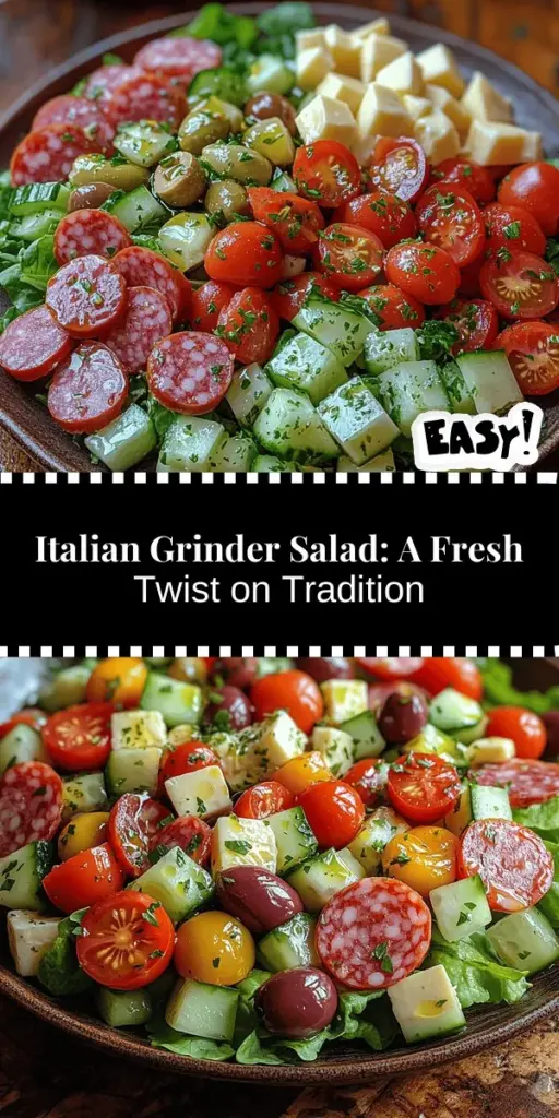 Discover the refreshing Italian Grinder Salad, a colorful and nutritious dish inspired by the classic Italian-American grinder sandwich. This vibrant salad combines crisp romaine lettuce, juicy cherry tomatoes, and crunchy cucumbers with savory salami, pepperoni, and creamy provolone cheese. Tossed in a zesty dressing, it's perfect for gatherings or weeknight dinners. With its healthful ingredients and easy preparation, enjoy a taste of Italy in every bite!