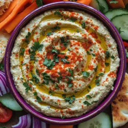 Originating from the Middle East, hummus is a traditional dip made primarily from blended chickpeas, tahini, olive oil, lemon juice, and garlic. Its name comes from the Arabic word for chickpeas, “hummus,” and it has a rich history that dates back centuries. Different regions have their unique takes on the dish, with variations in flavorings and serving styles. Today, hummus has transcended cultural boundaries and is enjoyed globally, often found in restaurants, cafes, and homes alike.