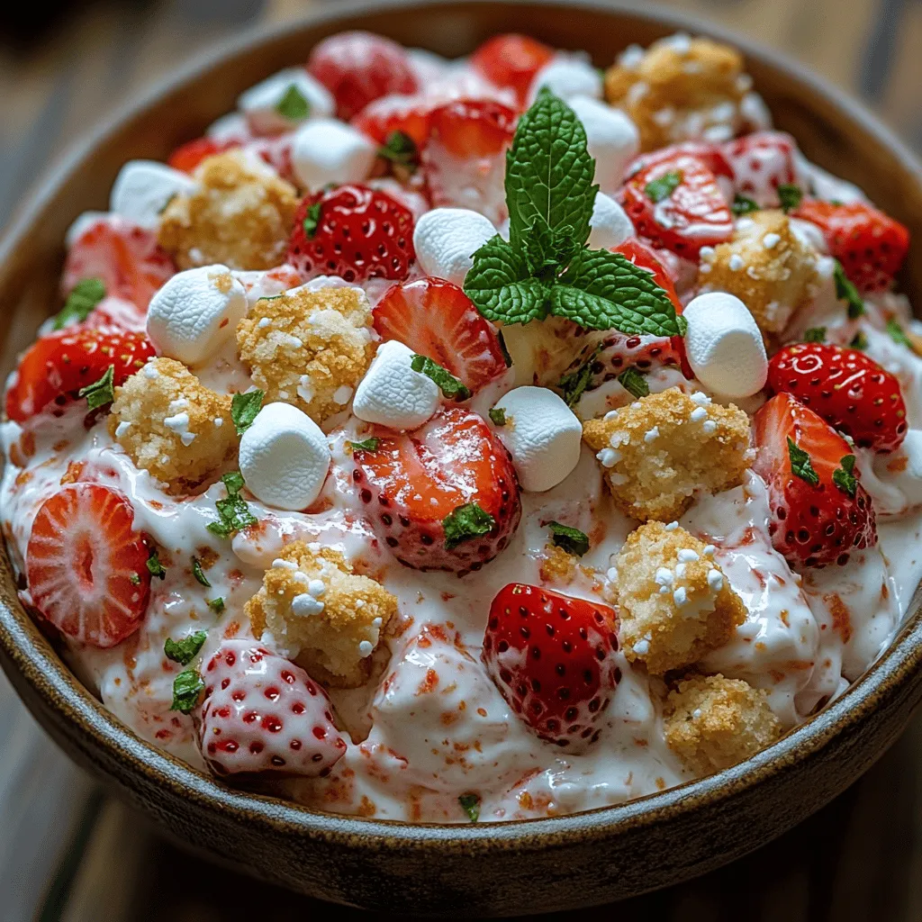 Desserts hold a special place in our hearts, weaving together cherished moments and delightful flavors that elevate any gathering. As the sun shines brighter and the days grow longer, summer desserts become the highlight of picnics, barbecues, and family reunions. They not only satisfy our sweet tooth but also bring a refreshing touch that contrasts beautifully with the warm weather. Among the plethora of options, <strong>Strawberry Shortcake Fluff Salad</strong> stands out as a perfect summer treat that is both light and indulgent.” /></p>
</p>
<h3>Making the Cream Mixture: Techniques for Achieving the Right Consistency</h3>
</p>
<p>To create the perfect Strawberry Shortcake Fluff Salad, achieving the right consistency in the cream mixture is crucial. Start by combining your whipped topping or heavy cream with cream cheese, making sure both are at room temperature to ensure they mix smoothly. This prevents lumps and guarantees that the texture is light and fluffy.</p>
</p>
<p>When mixing, use a handheld mixer or stand mixer on medium speed. This allows for better incorporation of air into the mixture, which is essential for achieving that desired fluffiness. Mix until the cream is velvety and smooth, but be cautious to avoid overmixing, as this can lead to a dense consistency. The cream mixture should be thick enough to hold its shape but still soft enough to fold in the strawberries and cake pieces easily.</p>
</p>
<h3>Whipping Cream: Tips for Achieving Soft Peaks</h3>
</p>
<p>If you are opting for homemade whipped cream, follow these tips to achieve soft peaks, which are perfect for your fluff salad. Start with a chilled mixing bowl and beaters; cold utensils help the cream whip faster. Pour in the heavy cream and beat on medium speed until it begins to thicken. Gradually add sugar and vanilla extract, which not only sweetens the cream but also enhances its flavor.</p>
</p>
<p>Continue whipping until soft peaks form. This means that when you lift the beaters out of the cream, the peaks should gently curl over, rather than standing straight up. This stage is ideal for folding into your fluff salad, providing a light and airy texture that complements the strawberries and cake.</p>
</p>
<h3>Combining Ingredients: The Art of Folding to Maintain Fluffiness</h3>
</p>
<p>Once your cream mixture is prepared, it’s time to combine the ingredients. The key to maintaining fluffiness is to use the folding technique. This method involves gently incorporating the whipped cream into the cream cheese mixture in a way that preserves the airiness. To fold, use a spatula to scoop under the mixture, lifting it up and over itself, rotating the bowl as you go.</p>
</p>
<p>Add your chopped strawberries and cake pieces gradually, continuing to fold until everything is well incorporated. Be cautious not to overmix—this will deflate the whipped cream and compromise the lightness of the salad. The result should be a beautiful, fluffy mixture that showcases the vibrant strawberries and the soft cake.</p>
</p>
<h3>Adding Mix-ins: How They Contribute to Flavor and Texture</h3>
</p>
<p>While the classic Strawberry Shortcake Fluff Salad is delightful on its own, consider adding mix-ins to elevate the flavor and texture. Chopped nuts, such as pecans or almonds, can introduce a delightful crunch that contrasts with the softness of the cream and cake. A sprinkle of toasted coconut can add a tropical flair, enhancing both the flavor profile and visual appeal.</p>
</p>
<p>For a touch of extra sweetness, you might include mini chocolate chips or a drizzle of chocolate syrup. Berries like blueberries or raspberries can also add a burst of color and flavor, making your salad even more inviting. Remember to fold in these mix-ins gently to maintain the fluffy texture you’ve worked hard to create.</p>
</p>
<h3>Chilling the Salad: Importance of Flavor Melding and Serving Temperature</h3>
</p>
<p>Chilling your Strawberry Shortcake Fluff Salad is a crucial step that should not be overlooked. After you’ve combined all the ingredients, cover the bowl with plastic wrap and place it in the refrigerator for at least 1-2 hours before serving. This chilling period allows the flavors to meld beautifully, resulting in a more harmonious taste.</p>
</p>
<p>Serving the salad chilled not only enhances the refreshing quality of the strawberries but also ensures that the salad maintains its structure. The cold temperature heightens the enjoyment, especially during warm summer days. For best results, serve the salad soon after chilling, but it can be kept in the refrigerator for up to 3 days for later enjoyment.</p>
</p>
<h3>Serving Suggestions: Presentation Ideas for Gatherings</h3>
</p>
<p>Presentation is key when it comes to serving your Strawberry Shortcake Fluff Salad. Consider using clear glass bowls or individual serving cups to showcase the beautiful layers of strawberries, cream, and cake. Garnish each serving with a whole strawberry on top or a sprinkle of crushed nuts for an appealing finish.</p>
</p>
<p>For added elegance, you might consider serving the salad in a trifle dish. Layer the ingredients in a way that makes each component visible, creating a stunning centerpiece for your table. This approach not only looks impressive but also encourages guests to dig in and enjoy.</p>
</p>
<p>If you’re hosting a larger gathering, consider offering your Strawberry Shortcake Fluff Salad alongside other desserts for a delightful dessert buffet. The lightness of the salad pairs wonderfully with richer options, providing a balanced end to your meal.</p>
</p>
<h3>Flavor Profile and Texture</h3>
</p>
<p>The Strawberry Shortcake Fluff Salad boasts a light and fluffy texture that is both inviting and delicious. The whipped cream creates a cloud-like consistency, while the cream cheese adds a slight tanginess that perfectly balances the sweetness of the strawberries and cake. Each bite delivers a refreshing burst of flavor, with the natural sweetness of the strawberries shining through.</p>
</p>
<p>The combination of ingredients creates a delightful balance of sweetness and freshness. The fluffy cream envelops the strawberries and cake pieces, making each mouthful a harmonious blend of flavors. Serving the salad chilled enhances the overall experience, allowing the fruity notes to be even more pronounced while the cold cream provides a satisfying contrast.</p>
</p>
<h3>Occasions Perfect for Strawberry Shortcake Fluff Salad</h3>
</p>
<p>One of the best aspects of Strawberry Shortcake Fluff Salad is its versatility. It’s an ideal dessert for summer gatherings such as potlucks, barbecues, and picnics. The refreshing nature of the salad makes it a perfect choice for hot days, offering a sweet treat that won’t weigh you down.</p>
</p>
<p>This dessert is also a fantastic option for celebrating special occasions, from birthdays and anniversaries to holidays like the Fourth of July or Memorial Day. Its vibrant colors and delightful flavors make it a festive addition to any celebration.</p>
</p>
<p>Additionally, Strawberry Shortcake Fluff Salad is perfect for everyday indulgence. Treat yourself or your family to this delightful dessert any time you want a sweet, satisfying finish to your meal without too much fuss.</p>
</p>
<h3>Nutritional Information</h3>
</p>
<p>As you prepare to enjoy your Strawberry Shortcake Fluff Salad, it’s helpful to consider the nutritional benefits of its key ingredients. Strawberries are rich in vitamins C and K, high in antioxidants, and low in calories, making them a healthy addition to any diet. They provide a refreshing sweetness that contributes to the overall flavor without excessive sugar.</p>
</p>
<p>In terms of caloric content, each serving of Strawberry Shortcake Fluff Salad contains approximately 200-250 calories, depending on the specific ingredients and portion sizes used. To enjoy this dessert responsibly, consider serving it in smaller portions, allowing everyone to indulge without overdoing it.</p>
</p>
<h3>Conclusion</h3>
</p>
<p>In summary, Strawberry Shortcake Fluff Salad is a versatile and delightful dessert that combines the freshness of strawberries with the lightness of whipped cream and cake. Its ideal texture and flavor profile make it perfect for a variety of occasions, from summer picnics to special celebrations.</p>
</p>
<p>We encourage you to try this recipe and share it with family and friends, creating sweet memories around the table. Incorporating fresh fruits into desserts not only enhances flavor but also boosts nutritional value, adding a healthy twist to your indulgence. Enjoy this refreshing salad, and savor the delightful combination of flavors and textures it brings to your dessert repertoire.</p>
</div>