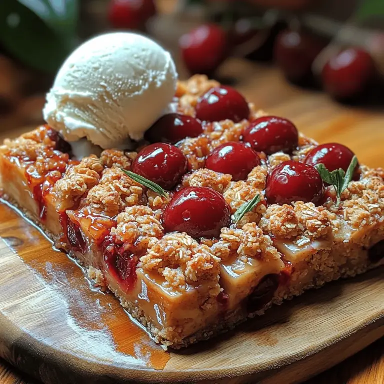 Cherry Delight Crumble Bars are a delightful dessert that perfectly balances the tartness of cherries with a sweet, crumbly topping. This treat not only tempts your taste buds but also offers a visually appealing slice of vibrant red fruit nestled under a golden-brown crust. The sweetness of the cherries, combined with the texture of the crumble, creates an irresistible combination that delights dessert lovers of all ages.