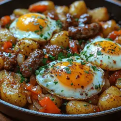 Nothing quite sets the tone for a productive day like a hearty breakfast, and what better way to kickstart your morning than with a Hearty Sausage & Potato Breakfast Skillet? This dish is not only delicious but is also packed with essential nutrients that fuel your body and mind. Imagine a vibrant skillet filled with crispy potatoes, savory sausage, and colorful veggies, all topped with perfectly cooked eggs. It’s a breakfast that not only satisfies your hunger but also warms your soul.
