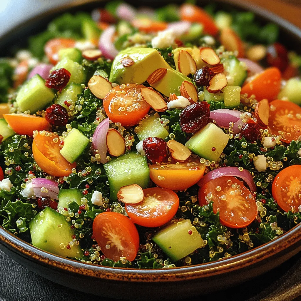 In recent years, the trend towards healthy eating and plant-based meals has gained immense popularity, driven by a growing awareness of nutrition and wellness. As more people become aware of the significant health benefits associated with a diet rich in whole foods, colorful salads and nourishing bowls have taken center stage. Among the many delightful options available, the <strong>Vibrant Kale & Quinoa Delight</strong> stands out as a nutritious and visually appealing dish that caters to those seeking both flavor and health.” /></p>
</p>
<h3>Crafting the Dressing</h3>
</p>
<p>A salad is only as delicious as its dressing, and in the case of the Vibrant Kale & Quinoa Delight, the dressing is a crucial component that ties all the flavors together. To create a dressing that perfectly complements the earthy kale and nutty quinoa, we’ll focus on a simple yet effective combination that enhances the salad without overpowering it.</p>
</p>
<h4>Breakdown of the Dressing Ingredients and Their Health Benefits</h4>
</p>
<p>The dressing for this salad typically includes olive oil, lemon juice, honey (or maple syrup for a vegan option), garlic, salt, and pepper. Let’s break down these ingredients:</p>
</p>
<p>– <strong>Olive Oil</strong>: Rich in monounsaturated fats and antioxidants, olive oil helps to reduce inflammation and is known for its heart-healthy properties. It also provides a smooth base for the dressing.</p>
</p>
<p>– <strong>Lemon Juice</strong>: This ingredient adds a refreshing acidity that brightens the flavors of the salad. Lemons are also high in vitamin C, which supports the immune system and enhances iron absorption from the quinoa.</p>
</p>
<p>– <strong>Honey or Maple Syrup</strong>: Both of these options provide a touch of sweetness that balances the tartness of the lemon juice. Honey has antibacterial properties, while maple syrup is a great source of antioxidants.</p>
</p>
<p>– <strong>Garlic</strong>: Fresh garlic not only adds depth of flavor but is also known for its numerous health benefits, including anti-inflammatory and immune-boosting properties.</p>
</p>
<p>– <strong>Salt and Pepper</strong>: These essential seasonings help to enhance all the flavors in the dressing and the salad itself.</p>
</p>
<h4>Importance of Balancing Flavors</h4>
</p>
<p>A successful dressing achieves harmony between acidity, sweetness, and richness. In this case, the bright acidity from lemon juice pairs beautifully with the sweetness from honey or maple syrup. This balance elevates the overall taste of the salad, making each bite enjoyable. The creamy texture of olive oil also brings together the flavors, creating a luscious mouthfeel that makes you want to go back for more.</p>
</p>
<h4>Step-by-Step Method to Ensure Emulsification</h4>
</p>
<p>To achieve a smooth and well-emulsified dressing, follow these steps:</p>
</p>
<p>1. <strong>Combine Ingredients</strong>: In a small bowl or a jar, combine 1/4 cup of olive oil, 2 tablespoons of fresh lemon juice, 1 tablespoon of honey or maple syrup, 1 minced garlic clove, and a pinch of salt and pepper.</p>
</p>
<p>2. <strong>Whisk or Shake</strong>: If using a bowl, whisk the ingredients together vigorously until they are fully combined. If using a jar, secure the lid tightly and shake until the dressing is smooth and emulsified.</p>
</p>
<p>3. <strong>Taste and Adjust</strong>: Always taste your dressing before adding it to the salad. Adjust the seasoning by adding more salt, pepper, or sweetness as necessary.</p>
</p>
<p>4. <strong>Let It Sit</strong>: Allowing the dressing to sit for about 10 minutes before using it allows the flavors to meld beautifully.</p>
</p>
<h3>Bringing It All Together</h3>
</p>
<p>Now that we have our vibrant dressing ready, it’s time to combine all the ingredients for our Kale & Quinoa Delight to create a dish that is not only nutritious but also visually stunning.</p>
</p>
<h4>Tips for Combining Ingredients: Best Practices for Layering Flavors and Textures</h4>
</p>
<p>1. <strong>Prepare the Kale</strong>: Start by tearing the kale into bite-sized pieces. If you want to make the kale more tender, you can massage it with a bit of olive oil and salt for a couple of minutes.</p>
</p>
<p>2. <strong>Cook the Quinoa</strong>: Rinse and cook the quinoa according to package instructions. Fluff it with a fork once cooked.</p>
</p>
<p>3. <strong>Combine Ingredients</strong>: In a large bowl, combine the massaged kale and cooked quinoa. Add in your choice of chopped vegetables like bell peppers, cucumbers, or shredded carrots for added crunch and color.</p>
</p>
<p>4. <strong>Drizzle the Dressing</strong>: Pour the dressing over the salad and toss gently to combine everything evenly. Make sure every ingredient is well-coated with the dressing to maximize flavor.</p>
</p>
<p>5. <strong>Garnish</strong>: For an extra touch, consider adding toppings like nuts, seeds, or avocado slices to enhance the salad’s texture and flavor.</p>
</p>
<h4>Tips for Serving: Presentation Ideas for a Vibrant Salad</h4>
</p>
<p>Presentation is key when it comes to salads. Here are some tips to make your Kale & Quinoa Delight visually appealing:</p>
</p>
<p>– <strong>Use a Large Platter</strong>: Serve the salad on a large, colorful platter instead of a bowl to showcase the vibrant colors.</p>
</p>
<p>– <strong>Layer the Ingredients</strong>: Arrange the kale at the bottom, followed by quinoa, vegetables, and toppings in layers to create a beautiful visual effect.</p>
</p>
<p>– <strong>Add Color</strong>: Include a variety of colorful ingredients like cherry tomatoes, shredded purple cabbage, or roasted sweet potatoes to make the salad pop.</p>
</p>
<h3>Discussing the Versatility of the Salad</h3>
</p>
<p>One of the best features of the Kale & Quinoa Delight is its versatility. You can easily customize this salad to fit your taste preferences or dietary needs.</p>
</p>
<h4>Potential Substitutions and Additions</h4>
</p>
<p>– <strong>Greens</strong>: Swap kale for spinach, arugula, or mixed greens if you prefer a milder flavor.</p>
</p>
<p>– <strong>Grains</strong>: While quinoa is a fantastic choice, you can substitute it with brown rice, farro, or even couscous for a different texture.</p>
</p>
<p>– <strong>Vegetables</strong>: Feel free to use any seasonal vegetables you have on hand. Roasted vegetables like beets or squash can add a delightful sweetness.</p>
</p>
<p>– <strong>Proteins</strong>: To make the salad more filling, consider adding protein options such as grilled chicken, shrimp, chickpeas, or tofu.</p>
</p>
<h3>Nutritional Insights</h3>
</p>
<p>The Kale & Quinoa Delight is not just a feast for the eyes; it’s also packed with essential nutrients.</p>
</p>
<h4>Analysis of the Overall Nutritional Profile</h4>
</p>
<p>This salad is a powerhouse of vitamins, minerals, and macronutrients:</p>
</p>
<p>– <strong>Fiber</strong>: Kale and quinoa are rich in dietary fiber, promoting digestive health and keeping you feeling full longer.</p>
</p>
<p>– <strong>Protein</strong>: Quinoa is a complete protein, meaning it contains all nine essential amino acids, making it an excellent choice for plant-based diets.</p>
</p>
<p>– <strong>Healthy Fats</strong>: Olive oil provides heart-healthy fats that are essential for overall health.</p>
</p>
<h4>Benefits of Including Such a Dish in a Balanced Diet</h4>
</p>
<p>Incorporating salads like the Kale & Quinoa Delight into your meals can help you increase your daily intake of vegetables and whole grains, which are crucial for maintaining a balanced diet. The fiber from the ingredients promotes digestive health, while the antioxidants from the vegetables help fight inflammation and support immune function.</p>
</p>
<h4>Discussion of How This Dish Fits Into Various Dietary Lifestyles</h4>
</p>
<p>This salad is incredibly adaptable:</p>
</p>
<p>– <strong>Vegan</strong>: By substituting honey with maple syrup and ensuring any toppings or additions align with a vegan lifestyle, this dish is perfect for vegans.</p>
</p>
<p>– <strong>Vegetarian</strong>: It’s an excellent option for vegetarians looking for a hearty, plant-based meal.</p>
</p>
<p>– <strong>Gluten-Free</strong>: Quinoa is naturally gluten-free, and the salad can easily be modified to suit gluten-free diets by avoiding certain packaged ingredients.</p>
</p>
<h3>Serving Suggestions and Pairings</h3>
</p>
<p>When it comes to serving the Kale & Quinoa Delight, there are numerous ways to enjoy this vibrant dish.</p>
</p>
<h4>Ideas for Serving the Salad as a Main Dish or Side</h4>
</p>
<p>– <strong>Main Dish</strong>: Serve it as a main course for lunch or dinner, especially on warmer days. It’s filling enough to stand alone while still being light and refreshing.</p>
</p>
<p>– <strong>Side Dish</strong>: Pair it with grilled meats or fish for a balanced meal. It complements various protein sources beautifully, making it a versatile side.</p>
</p>
<h4>Suggested Pairings with Proteins</h4>
</p>
<p>For a complete meal, consider adding any of the following proteins:</p>
</p>
<p>– <strong>Grilled Chicken</strong>: The smokiness of grilled chicken pairs wonderfully with the fresh flavors of the salad.</p>
</p>
<p>– <strong>Tofu</strong>: For a plant-based option, marinated and grilled or baked tofu provides a satisfying protein boost.</p>
</p>
<p>– <strong>Chickpeas</strong>: Tossing in some roasted chickpeas adds both protein and a crunchy texture to the dish.</p>
</p>
<h4>Exploring Seasonal Variations</h4>
</p>
<p>Adapt the Kale & Quinoa Delight according to the seasons by using available ingredients:</p>
</p>
<p>– <strong>Spring</strong>: Incorporate fresh peas, radishes, and asparagus for a light and refreshing taste.</p>
</p>
<p>– <strong>Summer</strong>: Add juicy tomatoes, cucumbers, and corn for a delightful summer salad.</p>
</p>
<p>– <strong>Fall</strong>: Include roasted butternut squash and cranberries to give it a warm, cozy feel.</p>
</p>
<p>– <strong>Winter</strong>: Use hearty root vegetables like carrots and beets for added nutrition and texture.</p>
</p>
<h3>Conclusion</h3>
</p>
<p>The Kale & Quinoa Delight is not just a meal; it’s a celebration of color, flavor, and health. This salad showcases the beauty of fresh ingredients and the importance of incorporating nutrient-dense foods into our daily diets. With its myriad of health benefits, including high fiber content, protein, and healthy fats, this dish fits seamlessly into various dietary lifestyles.</p>
</p>
<p>We encourage you to experiment with this recipe, making it your own by adding your favorite ingredients or trying out seasonal variations. Remember, food should be enjoyable and nourishing, so don’t hesitate to play with flavors and textures. Embrace the vibrant world of salads and allow this Kale & Quinoa Delight to inspire you to incorporate more colorful, healthful dishes into your meals.</p>
</div>