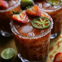What sets the Spicy Strawberry Bliss Margarita apart from your traditional margarita is its incredible flavor fusion. The strawberries bring a natural sweetness and a pop of color that is visually appealing, while the jalapeños introduce a surprising yet delightful heat. This unexpected combination creates a refreshing drink that excites the palate—perfect for those who enjoy a little spice in their life.