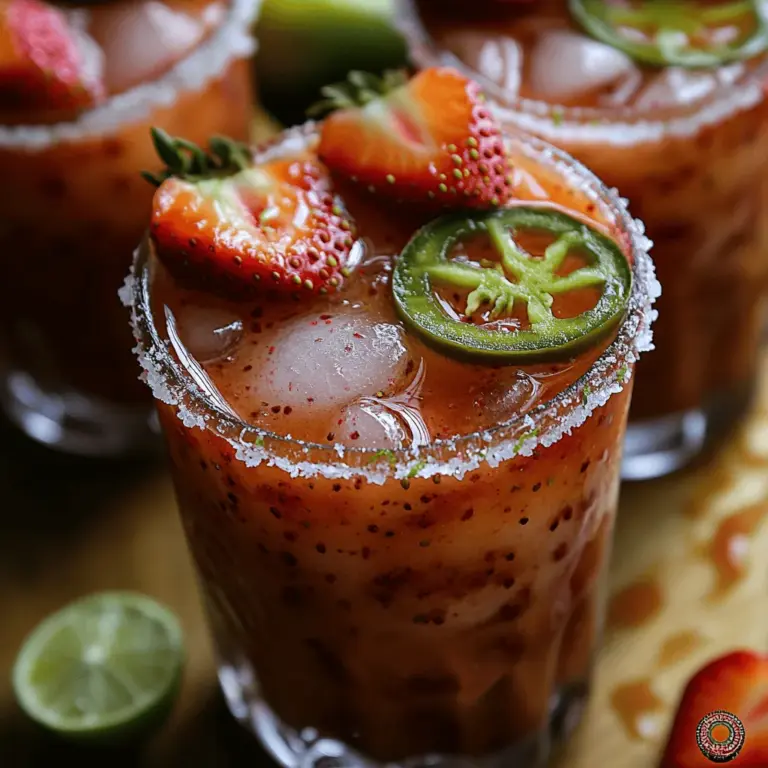 What sets the Spicy Strawberry Bliss Margarita apart from your traditional margarita is its incredible flavor fusion. The strawberries bring a natural sweetness and a pop of color that is visually appealing, while the jalapeños introduce a surprising yet delightful heat. This unexpected combination creates a refreshing drink that excites the palate—perfect for those who enjoy a little spice in their life.