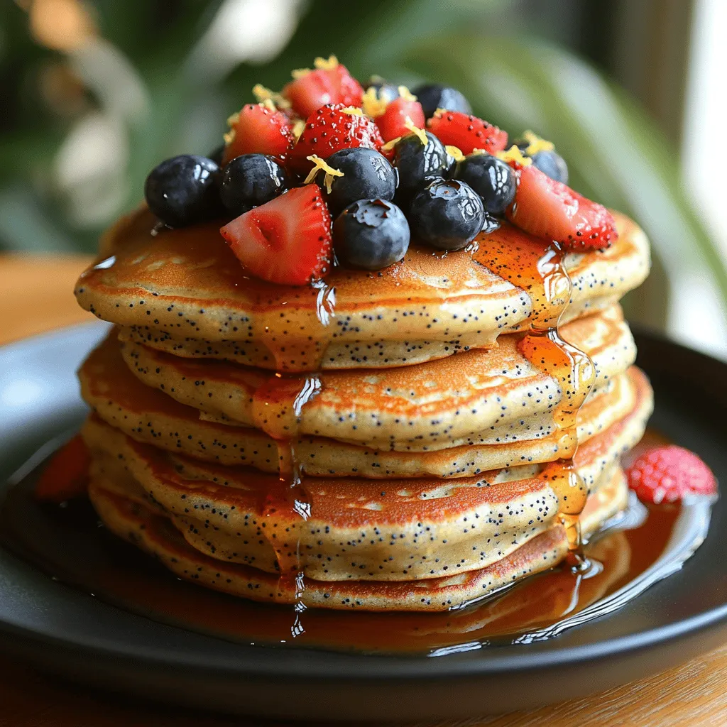 Imagine waking up to the invigorating aroma of freshly made pancakes, their golden edges kissed by the warmth of the griddle. Now, picture those pancakes infused with the bright, refreshing essence of lemon and the delightful crunch of poppy seeds. This is the experience that <strong>Bright & Zesty Lemon Poppy Seed Pancakes</strong> promise to deliver. With their perfect balance of zestiness and subtle sweetness, these pancakes transform an ordinary breakfast into an extraordinary occasion. Whether you are treating yourself to a cozy morning or hosting a brunch for family and friends, homemade pancakes have a unique way of bringing joy and togetherness to the table.” /></p>
</p>
<h3>Step-by-Step Instructions for Perfect Pancakes</h3>
</p>
<h4>Preparing the Batter</h4>
</p>
<p>To start, it’s essential to prepare your batter correctly, as this sets the foundation for your pancakes. Begin by whisking together your dry ingredients—flour, poppy seeds, baking powder, and a pinch of salt—in a large mixing bowl. Ensure that you whisk thoroughly to achieve even distribution of the baking powder and salt. This step is crucial, as unevenly distributed leavening agents can lead to pancakes that rise inconsistently, resulting in a less-than-ideal texture.</p>
</p>
<h4>Mixing Wet Ingredients</h4>
</p>
<p>In a separate bowl, combine your wet ingredients: milk, eggs, melted butter, and fresh lemon juice and zest. It’s important to mix these ingredients until they are smooth and well combined. This ensures the butter is evenly dispersed throughout the batter, which contributes to the pancakes’ rich flavor and fluffy texture. Mixing well also helps the flavors meld together—especially the zesty lemon, which is the star of this recipe.</p>
</p>
<h4>Combining Wet and Dry</h4>
</p>
<p>Once both mixtures are ready, it’s time to combine them. Pour the wet mixture into the bowl of dry ingredients. Using a spatula, gently fold the mixtures together until just combined. Be cautious not to overmix; a few lumps are perfectly fine. Overmixing can develop the gluten in the flour, leading to tough pancakes instead of the light and fluffy texture we desire. Aim for a batter that is thick yet pourable, with a few small lumps remaining.</p>
</p>
<h4>Heating the Griddle</h4>
</p>
<p>Now, let’s talk about the cooking process. Preheat your griddle or nonstick skillet over medium heat. The right temperature is vital—too hot, and your pancakes will burn on the outside while remaining raw inside; too low, and they won’t brown properly. To test if your griddle is ready, sprinkle a few drops of water onto the surface. If they sizzle and evaporate quickly, you’re good to go. Lightly grease your cooking surface with a bit of butter or cooking spray to prevent sticking.</p>
</p>
<h4>Cooking the Pancakes</h4>
</p>
<p>Using a ladle or measuring cup, pour about 1/4 cup of batter onto the heated griddle for each pancake. It’s important to leave some space between each pancake, as they will spread slightly. Keep an eye on the pancakes as they cook; after about 2-3 minutes, you’ll start to see bubbles forming on the surface. This is your cue to flip! The edges should appear set and slightly dry. Using a spatula, gently flip the pancake and cook for an additional 1-2 minutes on the other side until golden brown.</p>
</p>
<h4>Serving Suggestions</h4>
</p>
<p>Once your pancakes are perfectly cooked, it’s time to serve them up! Stack them high on a plate and drizzle with warm maple syrup for a classic touch. Fresh berries, such as strawberries, blueberries, or raspberries, make an excellent accompaniment, adding a burst of color and flavor that complements the zesty lemon. A dollop of whipped cream or a sprinkle of powdered sugar can elevate your presentation and make your breakfast even more delightful.</p>
</p>
<h3>Nutritional Information</h3>
</p>
<p>Understanding the nutritional content of your meal can help you make informed choices. This recipe yields about four servings. Here’s a breakdown of the nutritional values per serving:</p>
</p>
<p>– <strong>Calories</strong>: Approximately 220</p>
<p>– <strong>Total Fat</strong>: 9 grams</p>
<p>– <strong>Saturated Fat</strong>: 4 grams</p>
<p>– <strong>Cholesterol</strong>: 60 mg</p>
<p>– <strong>Sodium</strong>: 290 mg</p>
<p>– <strong>Total Carbohydrates</strong>: 30 grams</p>
<p>– <strong>Dietary Fiber</strong>: 1 gram</p>
<p>– <strong>Sugars</strong>: 5 grams</p>
<p>– <strong>Protein</strong>: 6 grams</p>
</p>
<p>In addition to these macronutrients, you’ll also benefit from vitamins and minerals found in the ingredients. For instance, the lemon provides a good dose of vitamin C, while the poppy seeds contribute beneficial minerals such as calcium and iron.</p>
</p>
<h3>Variations and Substitutions</h3>
</p>
<h4>Gluten-Free Options</h4>
</p>
<p>If you or someone you are serving is gluten-sensitive, you can easily adapt this recipe to be gluten-free. Substituting the all-purpose flour with a gluten-free flour blend designed for baking will yield similar results. Look for blends that contain xanthan gum, as this helps mimic the elasticity of traditional flour.</p>
</p>
<h4>Dairy-Free Options</h4>
</p>
<p>For a dairy-free version, you can replace the milk with almond milk, coconut milk, or any plant-based milk of your choice. Swap out the butter for coconut oil or a dairy-free margarine to maintain the flavor and texture of your pancakes while catering to dietary restrictions.</p>
</p>
<h4>Flavor Variations</h4>
</p>
<p>While lemon poppy seed pancakes are delightful as is, don’t hesitate to get creative! Consider adding fresh blueberries or raspberries to the batter for an added burst of flavor and nutrition. You can also experiment with spices like cinnamon or nutmeg for a warm undertone. If you want to enhance the lemon flavor, adding a teaspoon of lemon extract can intensify the citrusy notes.</p>
</p>
<h3>Conclusion</h3>
</p>
<p>Bright & Zesty Lemon Poppy Seed Pancakes are not just a meal; they are an experience that brings joy and sunshine to your breakfast table. The combination of fluffy pancakes infused with the refreshing taste of lemon and the delightful crunch of poppy seeds creates a dish that is both delicious and nourishing. Whether you’re enjoying them on a lazy Sunday morning or serving them to guests for a special occasion, these pancakes are sure to impress.</p>
</p>
<p>We encourage you to try this recipe, savoring each bite as it transports you to a sunny morning filled with flavor. There’s something incredibly satisfying about crafting a homemade meal that everyone can enjoy—one that not only delights the palate but also nourishes the body. So grab your apron, gather your ingredients, and get ready to flip some pancakes that will brighten up your day!</p>
</div>