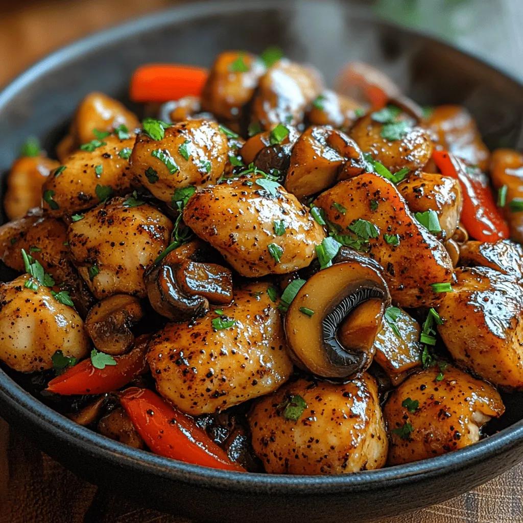 If you're on the hunt for a dish that harmoniously blends savory flavors with a hint of earthiness, look no further than <strong>Savory Black Pepper Chicken with Umami Mushrooms</strong>. This recipe is not just a meal; it’s an experience that tantalizes your taste buds with a delightful fusion of textures and flavors. The dish is built around tender chicken thighs, a perfect canvas for the robust spiciness of black pepper and the rich umami profile provided by a medley of mixed mushrooms.” /></p>
</p>
<h2>How Salt Affects the Moisture Content of Mushrooms</h2>
</p>
<p>When it comes to cooking mushrooms, understanding the role of salt is crucial. Salt acts as a dehydrating agent, drawing moisture out of the mushrooms and intensifying their flavor. This process occurs during the initial stages of cooking, where salt can help to enhance the umami taste—an essential characteristic of our Savory Black Pepper Chicken with Umami Mushrooms.</p>
</p>
<p>By sprinkling a pinch of salt over the mushrooms before cooking, you can expedite the release of water, allowing the mushrooms to caramelize beautifully. However, be cautious not to over-salt at this stage; you will adjust the seasoning later in the cooking process. The goal is to achieve a balance where the mushrooms retain their juiciness while absorbing the rich flavors of the dish.</p>
</p>
<p>—</p>
</p>
<h2>Cooking the Chicken</h2>
</p>
<h3>Step-by-Step Breakdown of Cooking Chicken in a Skillet</h3>
</p>
<p>1. <strong>Prep the Chicken</strong>: Begin with boneless, skinless chicken thighs or breasts, cut into bite-sized pieces. Pat them dry with paper towels to remove excess moisture, which helps achieve a better sear.</p>
</p>
<p>2. <strong>Season the Chicken</strong>: In a bowl, combine the chicken pieces with a generous sprinkle of salt, black pepper, and a tablespoon of cornstarch. The cornstarch will not only enhance the crust but also help thicken the sauce later on.</p>
</p>
<p>3. <strong>Heat Your Skillet</strong>: Preheat a large skillet over medium-high heat and add two tablespoons of vegetable oil. Allow the oil to heat until it shimmers but isn’t smoking.</p>
</p>
<p>4. <strong>Cook the Chicken</strong>: Add the chicken to the skillet in a single layer, ensuring not to overcrowd the pan. This is crucial for achieving that perfect sear. Let the chicken cook undisturbed for about 4-5 minutes until a golden crust forms. Flip and cook for an additional 3-4 minutes until the chicken is cooked through.</p>
</p>
<h3>Tips for Achieving the Perfect Sear</h3>
</p>
<p>– <strong>Do Not Overcrowd the Pan</strong>: If your skillet is too full, the temperature will drop, and the chicken will steam instead of sear. Cook in batches if necessary.</p>
<p>– <strong>Let It Be</strong>: Resist the urge to move the chicken around too much while it cooks. Allowing it to sit undisturbed lets a golden crust form.</p>
<p>– <strong>Use the Right Heat</strong>: Medium-high heat is ideal for searing. If the chicken is browning too quickly, reduce the heat slightly.</p>
</p>
<h3>The Role of Cornstarch in Sauce Thickening</h3>
</p>
<p>Cornstarch serves as a fabulous thickening agent for sauces. During the cooking process, it creates a silky texture that clings to the chicken and vegetables, enhancing the overall mouthfeel of the dish.</p>
</p>
<h3>Explanation of How to Incorporate it Effectively</h3>
</p>
<p>To use cornstarch effectively, mix it with a small amount of cold water before adding it to the pan. This technique, known as a cornstarch slurry, prevents clumping and ensures even distribution. Once the chicken is cooked and removed from the skillet, add the slurry to the remaining juices to create a cohesive sauce.</p>
</p>
<p>—</p>
</p>
<h2>Combining Ingredients for Maximum Flavor</h2>
</p>
<h3>Importance of Timing When Adding Ingredients to the Skillet</h3>
</p>
<p>Timing is everything in the kitchen, especially when it comes to building layers of flavor. After removing the chicken, you will want to sauté the mushrooms and aromatics like garlic and ginger in the skillet. This method allows the mushrooms to absorb the remnants of the chicken’s flavor, creating a more complex taste profile.</p>
</p>
<h3>How to Ensure Even Cooking and Flavor Melding</h3>
</p>
<p>When adding the mushrooms, ensure they are spread out evenly in the skillet. Let them cook without stirring for a couple of minutes to allow for proper browning, then stir occasionally to promote even cooking. After about 4-5 minutes, when they have softened, you can add back the chicken and any additional seasonings, allowing everything to meld together for a few minutes.</p>
</p>
<h3>Adjusting Seasoning to Personal Taste</h3>
</p>
<p>As you combine the ingredients, taste and adjust the seasoning as needed. Adding a splash of soy sauce, a dash of sesame oil, or an extra sprinkle of black pepper can elevate the dish. The key is to find the balance that suits your palate while maintaining the essence of the dish.</p>
</p>
<h3>Discussing Balance in Flavors</h3>
</p>
<p>Achieving flavor balance is essential to a well-rounded dish. The savory notes from the chicken and mushrooms complement the umami flavors, while the black pepper adds a nice kick. Consider garnishing with fresh herbs like cilantro or green onions to introduce a fresh pop of flavor that contrasts the richness of the dish.</p>
</p>
<p>—</p>
</p>
<h2>Garnishing and Serving Suggestions</h2>
</p>
<h3>Techniques for Garnishing the Dish for Visual Appeal</h3>
</p>
<p>Presentation matters, especially when it comes to home-cooked meals. To garnish your Savory Black Pepper Chicken with Umami Mushrooms, consider the following techniques:</p>
</p>
<p>– <strong>Chop Fresh Herbs</strong>: Finely chop fresh cilantro or parsley and sprinkle it over the dish just before serving. The vibrant green hue adds a beautiful contrast to the brown and golden tones of the chicken and mushrooms.</p>
</p>
<p>– <strong>Drizzle with Sauce</strong>: If you have leftover sauce, drizzle it over the top for added moisture and flavor.</p>
</p>
<h3>The Role of Fresh Cilantro and Green Onions</h3>
</p>
<p>Fresh cilantro brings a bright, citrusy flavor that balances the richness of the dish, while green onions add a mild onion flavor and crunch. Both ingredients also enhance the visual appeal, making the dish more appetizing.</p>
</p>
<h3>Serving Options (Steamed Rice, Noodles)</h3>
</p>
<p>This dish pairs beautifully with a variety of sides. Steamed jasmine rice or fluffy basmati rice can soak up the delicious sauce, while noodles such as udon or soba can provide a hearty base for the chicken and mushrooms. You can also serve it alongside a simple green salad for a refreshing contrast.</p>
</p>
<h3>Suggestions for Pairing the Dish with Side Items</h3>
</p>
<p>Consider serving your black pepper chicken with stir-fried vegetables to add a pop of color and nutrition. Broccoli, bell peppers, and snap peas stir-fried with a hint of garlic and ginger would complement the dish beautifully. Alternatively, a side of pickled vegetables can provide an excellent tangy contrast to the savory flavors.</p>
</p>
<p>—</p>
</p>
<h2>Nutritional Information</h2>
</p>
<h3>Overview of the Nutritional Benefits of the Dish</h3>
</p>
<p>This Savory Black Pepper Chicken with Umami Mushrooms is not only delicious but also packs a nutritional punch. It combines lean protein from the chicken, vitamins, and minerals from the mushrooms, and healthy fats from the cooking oil.</p>
</p>
<h3>Breakdown of Calories, Protein, Fats, and Other Key Nutrients</h3>
</p>
<p>– <strong>Calories</strong>: Approximately 350 calories per serving</p>
<p>– <strong>Protein</strong>: 30 grams of protein, making it an excellent choice for muscle repair and growth.</p>
<p>– <strong>Fats</strong>: About 12 grams of fat, primarily from the oil used in cooking.</p>
<p>– <strong>Carbohydrates</strong>: A low-carb option, making it suitable for various diets.</p>
</p>
<h3>Discussion on the Health Benefits of the Ingredients Used</h3>
</p>
<p>– <strong>Chicken</strong>: A great source of lean protein that helps in building and repairing tissues.</p>
<p>– <strong>Mushrooms</strong>: Rich in antioxidants, vitamins B and D, and essential minerals like selenium and potassium.</p>
<p>– <strong>Black Pepper</strong>: Contains piperine, which may enhance nutrient absorption and has anti-inflammatory properties.</p>
<p>– <strong>Fresh Herbs</strong>: Provide additional vitamins and contribute to overall health benefits.</p>
</p>
<p>—</p>
</p>
<h2>Conclusion</h2>
</p>
<p>The Savory Black Pepper Chicken with Umami Mushrooms is a delightful dish that brings together the richness of chicken, the earthiness of mushrooms, and a harmonious blend of spices. This recipe not only satisfies your taste buds but also showcases the versatility of everyday ingredients.</p>
</p>
<p>Whether you’re preparing a weeknight dinner or impressing guests with a home-cooked meal, this dish is an excellent choice. It’s easy to prepare, allows for customization, and encourages culinary creativity.</p>
</p>
<p>We encourage you to try this recipe and let your creativity shine in the kitchen. As you explore the flavors and techniques, remember that cooking is not just a task but an art form—a delightful journey that nourishes both body and soul. Happy cooking!</p>
</div>