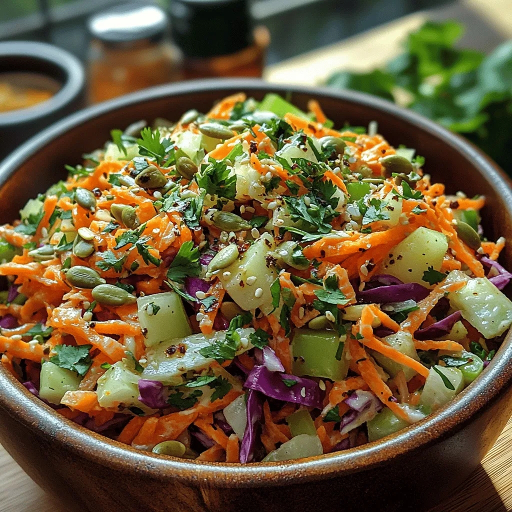 Crunchy Zesty Carrot Slaw is not just a side dish; it’s a celebration of vibrant colors and refreshing flavors that can elevate any meal. This slaw, with its eye-catching contrast of bright orange carrots, deep purple red cabbage, and crisp green bell peppers, offers a delightful visual appeal that is as enticing as its taste. The combination of textures—from the crunch of the vegetables to the creamy dressing—makes this dish a favorite for gatherings, barbecues, and everyday dinners alike.