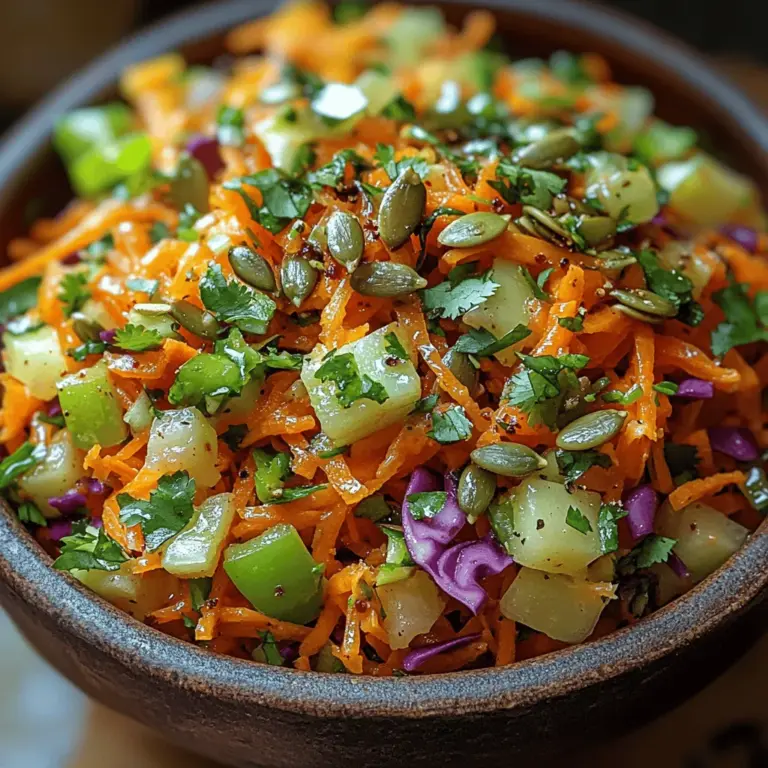 Crunchy Zesty Carrot Slaw is not just a side dish; it’s a celebration of vibrant colors and refreshing flavors that can elevate any meal. This slaw, with its eye-catching contrast of bright orange carrots, deep purple red cabbage, and crisp green bell peppers, offers a delightful visual appeal that is as enticing as its taste. The combination of textures—from the crunch of the vegetables to the creamy dressing—makes this dish a favorite for gatherings, barbecues, and everyday dinners alike.