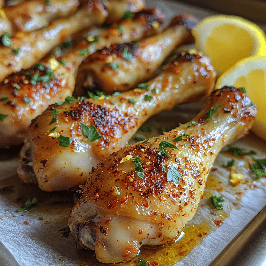 To truly unlock the potential of your Crispy Lemon Garlic Drumsticks, marination is key. The ideal marinating time can vary depending on your schedule, but for maximum flavor infusion, aim for at least <strong>2 to 4 hours</strong>. If you have the luxury of time, letting the chicken marinate overnight in the refrigerator will yield the best results, allowing the lemon and garlic flavors to penetrate deep into the meat.” /></p>
</p>
<h2>Recommended Marinating Times for Maximum Flavor</h2>
</p>
<p>To truly unlock the potential of your Crispy Lemon Garlic Drumsticks, marination is key. The ideal marinating time can vary depending on your schedule, but for maximum flavor infusion, aim for at least <strong>2 to 4 hours</strong>. If you have the luxury of time, letting the chicken marinate overnight in the refrigerator will yield the best results, allowing the lemon and garlic flavors to penetrate deep into the meat.</p>
</p>
<h3>The Science Behind Marination</h3>
</p>
<p>Marination does more than just add flavor; it plays a crucial role in tenderizing the meat. The acidic components in the marinade, primarily from the lemon juice, break down the proteins in the chicken. This process not only enhances the flavor but also ensures that the meat remains juicy and tender during cooking. By allowing your chicken to soak in this zesty mixture, you create a flavorful barrier that keeps moisture locked in while it crisps up in the oven.</p>
</p>
<h3>Tips for Ensuring Even Coating of the Marinade</h3>
</p>
<p>To achieve an even coating of the marinade on your drumsticks, consider the following tips:</p>
</p>
<p>1. <strong>Use a Resealable Bag</strong>: Placing the chicken in a resealable plastic bag allows you to massage the marinade into the meat thoroughly. This ensures every piece is well-coated.</p>
</p>
<p>2. <strong>Rotate Occasionally</strong>: If you’re marinating in a bowl, turn the drumsticks occasionally to ensure that all sides get equal exposure to the marinade.</p>
</p>
<p>3. <strong>Don’t Overcrowd</strong>: Ensure that your chicken pieces are not piled on top of one another. This can lead to uneven marination. If necessary, marinate in batches.</p>
</p>
<h2>Baking to Crispy Perfection</h2>
</p>
<h3>Preheating the Oven</h3>
</p>
<p>Preheating your oven is a critical step in achieving perfectly crispy skin on your drumsticks. A hot oven (at least <strong>425°F or 220°C</strong>) ensures that the chicken skin begins to crisp immediately upon entering, locking in moisture while preventing the skin from becoming soggy. Skipping this step can lead to rubbery chicken skin that lacks the desirable crunch.</p>
</p>
<h3>Arranging Chicken on the Baking Sheet</h3>
</p>
<p>When it comes to baking, the arrangement of your chicken on the baking sheet matters significantly. Space the drumsticks out evenly, allowing for airflow around each piece. This spacing promotes even cooking and browning, ensuring that every drumstick achieves that sought-after crispiness. If the drumsticks are too close together, they may steam instead of roast, resulting in less-than-ideal texture.</p>
</p>
<h3>Cooking Time</h3>
</p>
<p>The cooking time for your drumsticks will typically range from <strong>35 to 45 minutes</strong>. To ensure they are done, use a meat thermometer to check the internal temperature; it should reach <strong>165°F (75°C)</strong> in the thickest part of the meat. Look for a golden-brown color and crispy skin. If they are not quite there yet, continue baking for an additional 5-10 minutes, checking periodically to avoid overcooking.</p>
</p>
<h2>Enhancing Crispiness: The Broiling Technique</h2>
</p>
<p>For those looking to take the crispiness of their drumsticks to the next level, broiling is an effective technique. Once your chicken has finished baking, switch your oven to the broil setting for the last <strong>2-5 minutes</strong> of cooking.</p>
</p>
<h3>Broiling Technique</h3>
</p>
<p>1. <strong>Position the Rack</strong>: Move your oven rack to the highest position, about 6 inches from the broiler.</p>
</p>
<p>2. <strong>Broil with Care</strong>: Place the baking sheet under the broiler, monitoring the chicken closely to prevent burning. Broiling is a high-heat cooking method that can quickly darken the skin, so stay vigilant.</p>
</p>
<p>3. <strong>Achieve Desired Crunch</strong>: Broiling will help to caramelize the exterior and enhance the crunch factor, providing that extra layer of texture that elevates your dish.</p>
</p>
<h2>Garnishing and Serving Suggestions</h2>
</p>
<p>Presentation plays a vital role in enhancing the dining experience. After removing your Crispy Lemon Garlic Drumsticks from the oven, consider garnishing them with freshly chopped parsley for a burst of color and freshness. Serve with lemon wedges on the side, allowing guests to drizzle more citrus over their chicken, enhancing the flavor even further.</p>
</p>
<h3>Complementary Sides</h3>
</p>
<p>Pair your drumsticks with delicious sides that complement their zesty flavor. Consider:</p>
</p>
<p>– <strong>Roasted Vegetables</strong>: A mix of seasonal vegetables such as carrots, bell peppers, and zucchini, drizzled with olive oil and seasoned with herbs.</p>
</p>
<p>– <strong>Fresh Salad</strong>: A light arugula or spinach salad with a simple lemon vinaigrette balances the richness of the chicken.</p>
</p>
<p>– <strong>Garlic Bread</strong>: For those who love carbs, garlic bread makes a fantastic accompaniment, perfect for soaking up any leftover juices.</p>
</p>
<h2>Nutritional Value of Crispy Lemon Garlic Drumsticks</h2>
</p>
<p>Understanding the nutritional content of your dish can help you make informed choices. A serving of Crispy Lemon Garlic Drumsticks typically contains:</p>
</p>
<p>– <strong>Calories</strong>: Approximately 275-300 calories per drumstick, depending on the size and any additional ingredients used in the marinade.</p>
</p>
<p>– <strong>Protein</strong>: Each drumstick delivers about <strong>25 grams of protein</strong>, making it a great choice for muscle repair and growth.</p>
</p>
<p>– <strong>Fat</strong>: The dish contains around <strong>15 grams of fat</strong>, primarily from olive oil, which is a heart-healthy fat.</p>
</p>
<h3>Dietary Considerations</h3>
</p>
<p>While this recipe is generally healthy, it’s important to consider dietary restrictions:</p>
</p>
<p>– <strong>Gluten-Free</strong>: This recipe is naturally gluten-free, making it suitable for those with gluten intolerances.</p>
</p>
<p>– <strong>Dairy-Free</strong>: It contains no dairy, making it a great option for lactose-intolerant individuals.</p>
</p>
<p>– <strong>Allergens</strong>: Always check for any potential allergens based on your marinade ingredients, especially if you choose to modify the recipe.</p>
</p>
<h2>Conclusion</h2>
</p>
<p>In summary, the Crispy Lemon Garlic Drumsticks are not only easy to prepare but also bursting with flavor, making them a perfect dish for any occasion. The careful balance of marination, precise baking, and optional broiling ensures that each drumstick is juicy on the inside and crispy on the outside. With attractive garnishing and complementary side dishes, this recipe is sure to impress family and friends alike.</p>
</p>
<p>Encouraging readers to try this recipe can lead to delightful cooking experiences. Whether for a casual family dinner or a festive gathering, these drumsticks are destined to become a favorite at your table. Embrace the joy of home-cooked meals, and savor the satisfaction that comes with creating a dish that is both healthy and incredibly enjoyable.</p>
</div>