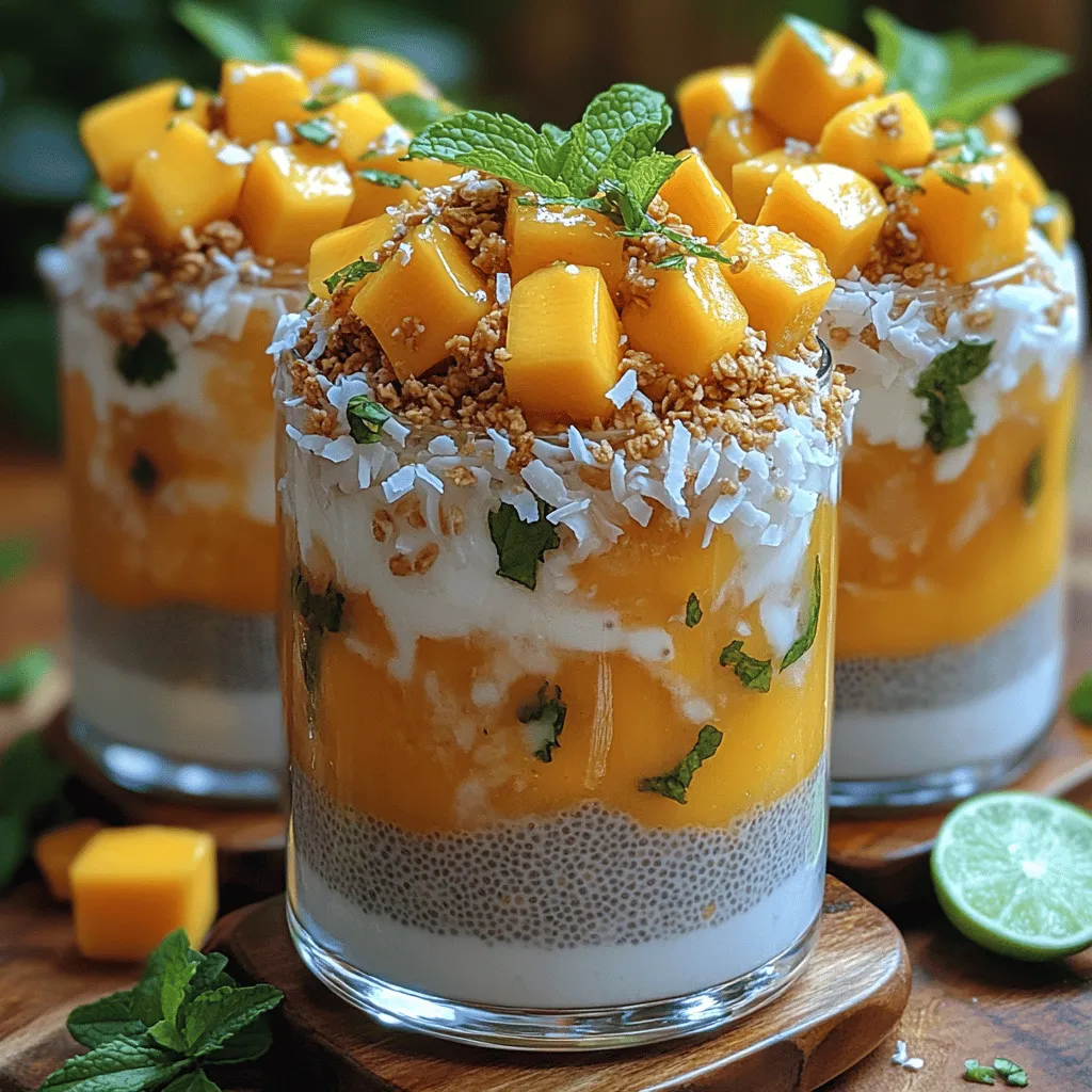 The Silky Coconut Mango Chia Parfait is a delightful and nutritious dish that seamlessly blends tropical flavors with health benefits, making it an irresistible choice for breakfast or dessert. This parfait hails from various culinary traditions; it draws inspiration from Southeast Asian cuisine, where coconut and mango are staples, and the concept of layering foods to create visually appealing and textural contrasts is celebrated. The origins of chia pudding can be traced back to Central America, where the chia seed has been a revered superfood for centuries.