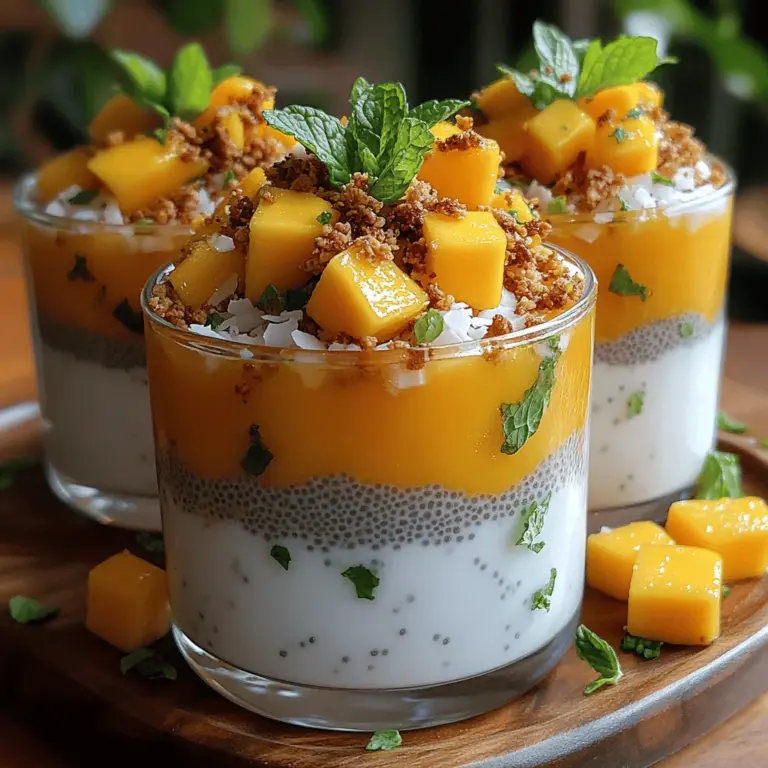 The Silky Coconut Mango Chia Parfait is a delightful and nutritious dish that seamlessly blends tropical flavors with health benefits, making it an irresistible choice for breakfast or dessert. This parfait hails from various culinary traditions; it draws inspiration from Southeast Asian cuisine, where coconut and mango are staples, and the concept of layering foods to create visually appealing and textural contrasts is celebrated. The origins of chia pudding can be traced back to Central America, where the chia seed has been a revered superfood for centuries.
