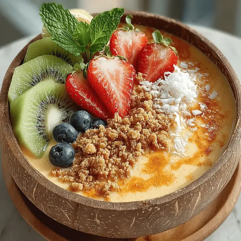 The Tropical Bliss Mango Smoothie Bowl is more than just a meal; it's a vibrant celebration of flavors and nutrients that can brighten your day. Perfectly balancing the sweetness of ripe mangoes, the creaminess of bananas, and the richness of coconut milk, this smoothie bowl transcends typical breakfast offerings. Not only does it tantalize your taste buds with its tropical flair, but it also serves as a powerhouse of health benefits, making it an ideal choice for those looking to start their day on a nutritious note or enjoy a refreshing snack.