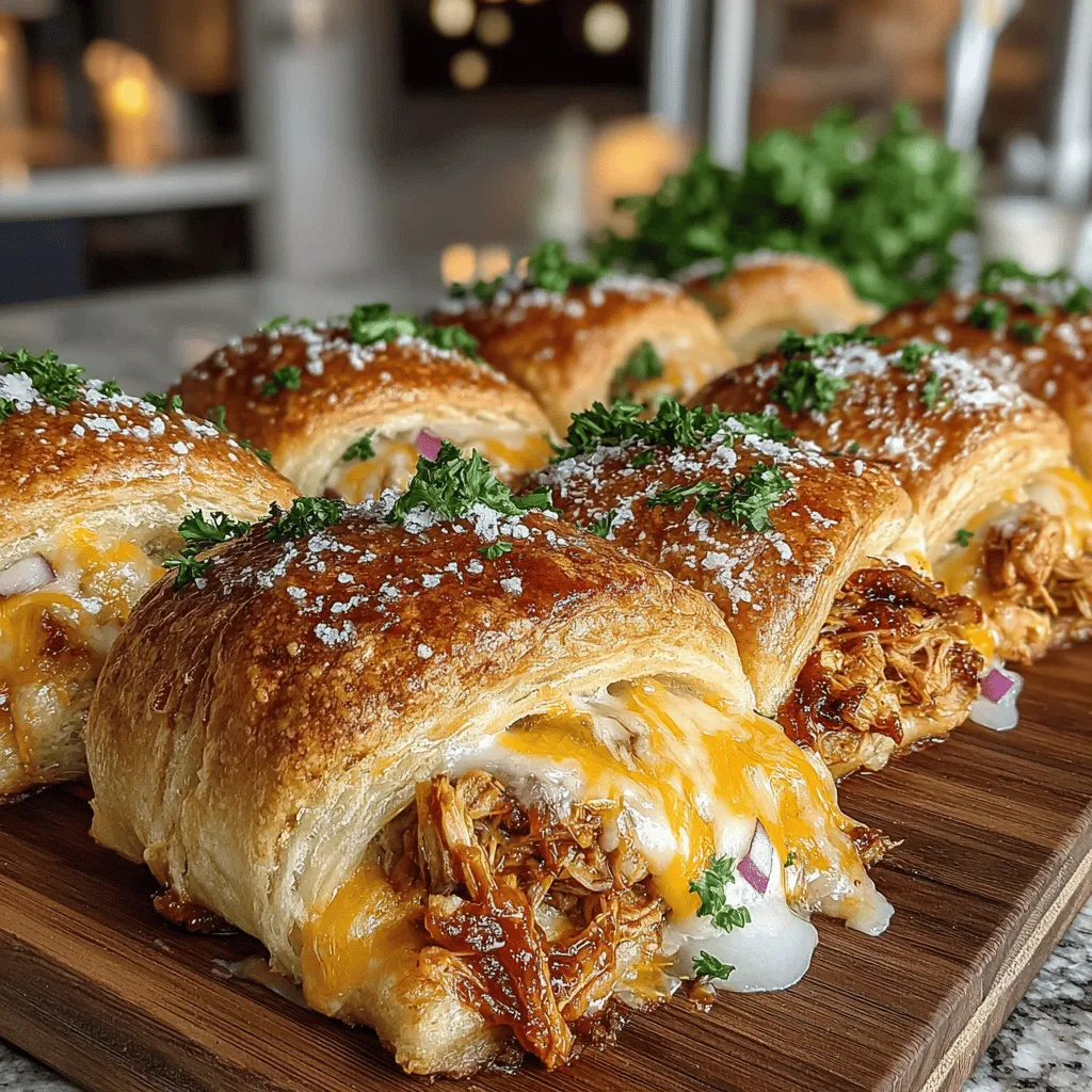 BBQ Pulled Chicken Crescent Rollups are a delightful and innovative take on traditional pulled chicken. This dish combines tender, flavorful chicken with the richness of barbecue sauce, all wrapped up in flaky crescent roll dough. Whether you are hosting a casual gathering, planning a quick weeknight dinner, or looking for a family-friendly meal, these rollups offer a perfect solution. Their savory filling and golden-brown exterior make them an instant hit with both kids and adults alike.