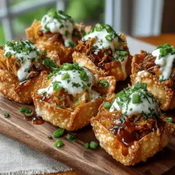 To get started on your Mini Chicken Ranch Wonton Bites, preheat your oven to 375°F (190°C). While the oven warms up, prepare your muffin tin by lightly greasing each cup with cooking spray or a bit of olive oil. This step is essential as it prevents the wonton wrappers from sticking, allowing for easy removal after baking. For best results, a standard 12-cup muffin tin works perfectly. If you are making a larger batch, consider using additional muffin tins or baking in two separate rounds.