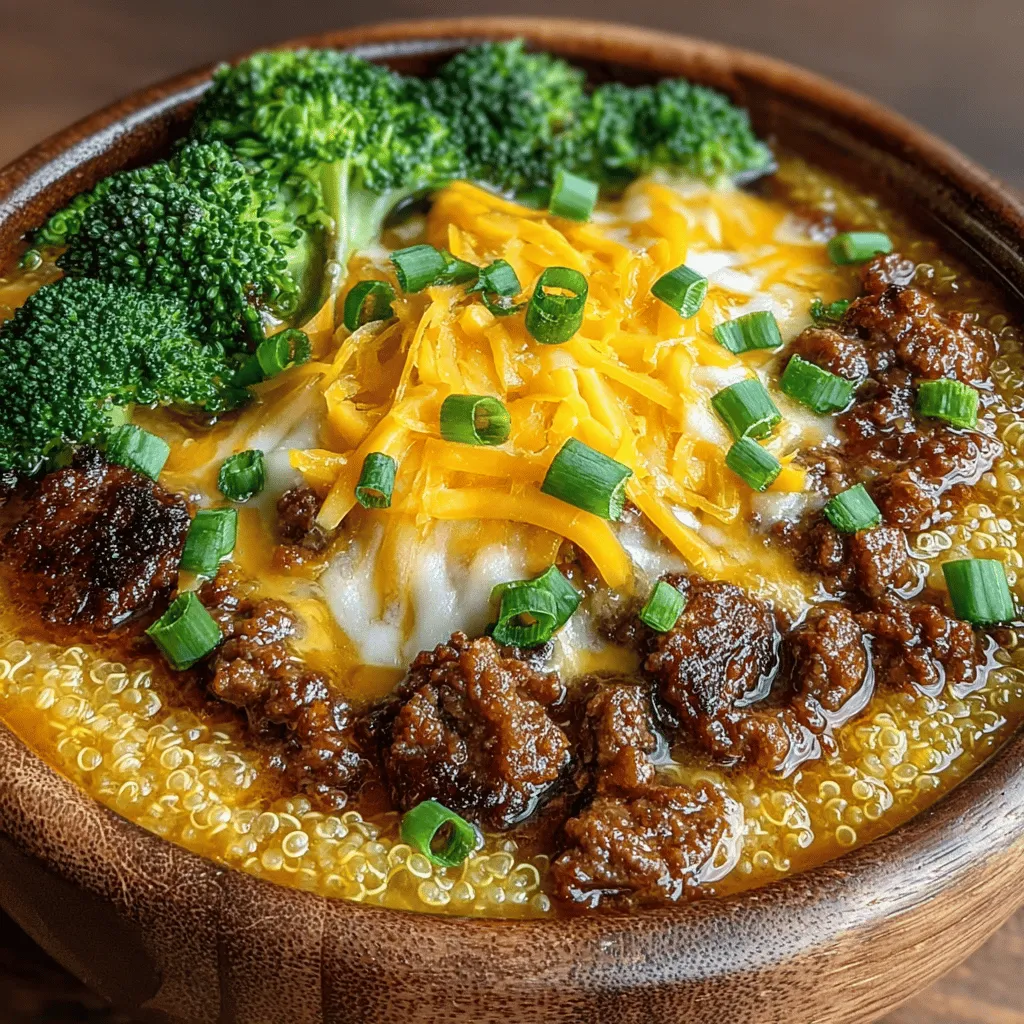 The Cheesy Beef and Broccoli Quinoa Bowl is far from an ordinary meal; it’s a delightful fusion of flavors and textures that brings together the hearty taste of ground beef, the vibrant crunch of fresh broccoli, and the wholesome nutritional benefits of quinoa. This dish is topped with a generous helping of melted cheddar cheese, creating a comforting and satisfying meal that caters to both taste and health.