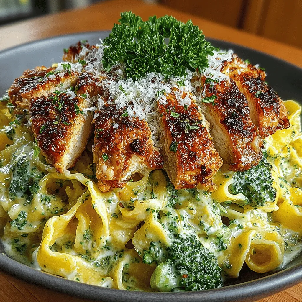 <strong>Introduction</strong>” /></p>
</p>
<h2>Detailed Cooking Process</h2>
</p>
<h3>Cooking the Fettuccine and Broccoli</h3>
</p>
<p>To achieve the perfect texture for your fettuccine and broccoli, timing is crucial. Start by bringing a large pot of salted water to a rolling boil. The salt enhances the pasta’s flavor, while the boiling water ensures it cooks evenly.</p>
</p>
<p>1. <strong>Cook the Fettuccine</strong>: Add the fettuccine to the pot and cook according to the package instructions, usually about 10-12 minutes, until al dente. Stir occasionally to prevent sticking.</p>
</p>
<p>2. <strong>Blanch the Broccoli</strong>: In the last 3-4 minutes of the pasta cooking time, add the broccoli florets to the pot. This technique, known as blanching, allows the broccoli to cook while maintaining its vibrant color and crisp texture.</p>
</p>
<p>3. <strong>Drain and Set Aside</strong>: Once the fettuccine and broccoli are cooked, drain them in a colander and set them aside. Do not rinse, as this will wash away the starch essential for helping the sauce adhere.</p>
</p>
<h3>Sautéing the Chicken</h3>
</p>
<p>The chicken is the star of this dish, and achieving a golden-brown crust is essential for flavor. Here’s how to do it:</p>
</p>
<p>1. <strong>Prepare the Chicken</strong>: Start with boneless, skinless chicken breasts, and season them with salt, pepper, and any desired spices (garlic powder works well).</p>
</p>
<p>2. <strong>Heat the Pan</strong>: In a large skillet, heat 2 tablespoons of olive oil over medium-high heat until shimmering but not smoking.</p>
</p>
<p>3. <strong>Cook the Chicken</strong>: Add the chicken breasts to the skillet, ensuring they are not overcrowded (you may need to cook in batches). Cook for about 5-7 minutes on one side without moving them to allow a golden crust to form. Flip and cook for an additional 5-7 minutes until cooked through (the internal temperature should reach 165°F). Remove from the skillet and let rest before slicing into strips.</p>
</p>
<h3>Preparing the Alfredo Sauce</h3>
</p>
<p>The key to a great Alfredo sauce is achieving a creamy consistency without clumps. Follow these steps:</p>
</p>
<p>1. <strong>Melt the Butter</strong>: In the same skillet used for the chicken, reduce the heat to medium and add 4 tablespoons of unsalted butter. Allow it to melt gently, being careful not to brown it.</p>
</p>
<p>2. <strong>Add the Garlic</strong>: Once the butter is melted, add 3-4 minced garlic cloves and sauté for about 1 minute until fragrant.</p>
</p>
<p>3. <strong>Incorporate the Cream</strong>: Slowly pour in 1 cup of heavy cream, stirring continuously. Bring the mixture to a gentle simmer, ensuring it does not boil, which can cause the cream to separate.</p>
</p>
<p>4. <strong>Add Cheese</strong>: Stir in 1 cup of freshly grated Parmesan cheese until melted and smooth. For an extra depth of flavor, you can also add a touch of nutmeg and freshly cracked black pepper.</p>
</p>
<p>5. <strong>Adjust Consistency</strong>: If the sauce is too thick, add a splash of pasta water until you reach the desired creaminess.</p>
</p>
<h3>Combining Ingredients</h3>
</p>
<p>Now that you have your pasta, chicken, and sauce ready, it’s time to combine them:</p>
</p>
<p>1. <strong>Mix Together</strong>: In the skillet, add the drained fettuccine and broccoli to the Alfredo sauce. Toss gently to coat everything evenly with the sauce.</p>
</p>
<p>2. <strong>Add Chicken</strong>: Finally, add the sliced chicken on top and mix until evenly distributed throughout the dish. This ensures that every bite is a perfect blend of flavors.</p>
</p>
<h3>Plating the Dish</h3>
</p>
<p>Presentation matters, especially for a dish as rich and creamy as this. Here are some tips for plating:</p>
</p>
<p>1. <strong>Use a Large Plate</strong>: Start with a large, shallow bowl or plate to give your dish space to breathe.</p>
</p>
<p>2. <strong>Twirl the Pasta</strong>: Use a fork or tongs to twirl the fettuccine into a nest shape in the center of the plate. This adds height and visual appeal.</p>
</p>
<p>3. <strong>Top with Chicken</strong>: Arrange the sliced chicken on top of the pasta.</p>
</p>
<p>4. <strong>Garnish</strong>: Finish with a sprinkle of freshly grated Parmesan cheese, chopped parsley, or a pinch of red pepper flakes for a pop of color and flavor.</p>
</p>
<h2>Tips for Perfecting Your Creamy Chicken Alfredo</h2>
</p>
<p>– <strong>Adjusting the Recipe</strong>: Feel free to get creative. Substitute broccoli with spinach, peas, or asparagus. You can also swap the chicken for shrimp or make it vegetarian by using mushrooms or a blend of your favorite vegetables.</p>
</p>
<p>– <strong>Safety Tips</strong>: Always ensure chicken is cooked to an internal temperature of 165°F to prevent foodborne illnesses. Use a meat thermometer for accuracy.</p>
</p>
<p>– <strong>Common Mistakes to Avoid</strong>: One common mistake is overheating the cream, which can lead to separation. Additionally, avoid using pre-grated cheese, as it often contains anti-caking agents that prevent it from melting smoothly.</p>
</p>
<h2>Serving Suggestions</h2>
</p>
<p>To elevate your Creamy Chicken Alfredo experience, consider these complementary side dishes and pairings:</p>
</p>
<p>– <strong>Side Dishes</strong>: A simple arugula salad with lemon vinaigrette or garlic bread pairs well with this dish, adding a refreshing contrast to the creamy pasta.</p>
</p>
<p>– <strong>Wine Pairing</strong>: A crisp white wine, such as Pinot Grigio or Chardonnay, enhances the flavors and complements the richness of the Alfredo sauce.</p>
</p>
<p>– <strong>Presentation Ideas</strong>: For special occasions, serve in individual ramekins topped with a sprinkle of fresh herbs or edible flowers for a gourmet touch.</p>
</p>
<h2>Nutritional Information</h2>
</p>
<p>Understanding the nutritional content of your meal is essential for a balanced diet. Here’s a breakdown per serving of Creamy Chicken Alfredo with Broccoli:</p>
</p>
<p>– <strong>Calories</strong>: Approximately 600-700 calories</p>
<p>– <strong>Protein</strong>: 45 grams</p>
<p>– <strong>Fats</strong>: 35 grams</p>
<p>– <strong>Carbohydrates</strong>: 55 grams</p>
</p>
<p>This dish is rich in protein from the chicken and cheese, providing a satisfying meal. For healthier options, consider using whole wheat pasta, reducing the cream, or incorporating more vegetables.</p>
</p>
<h2>Conclusion</h2>
</p>
<p>Creamy Chicken Alfredo with Broccoli is more than just a meal; it’s a comforting, flavorful dish that brings family and friends together. Whether you’re preparing it for a casual weeknight dinner or a special occasion, this recipe is sure to impress. So why not try making it at home? Experience the joy of cooking and sharing delicious meals with loved ones, and indulge in the creamy goodness of this classic Italian dish.</p>
</div>